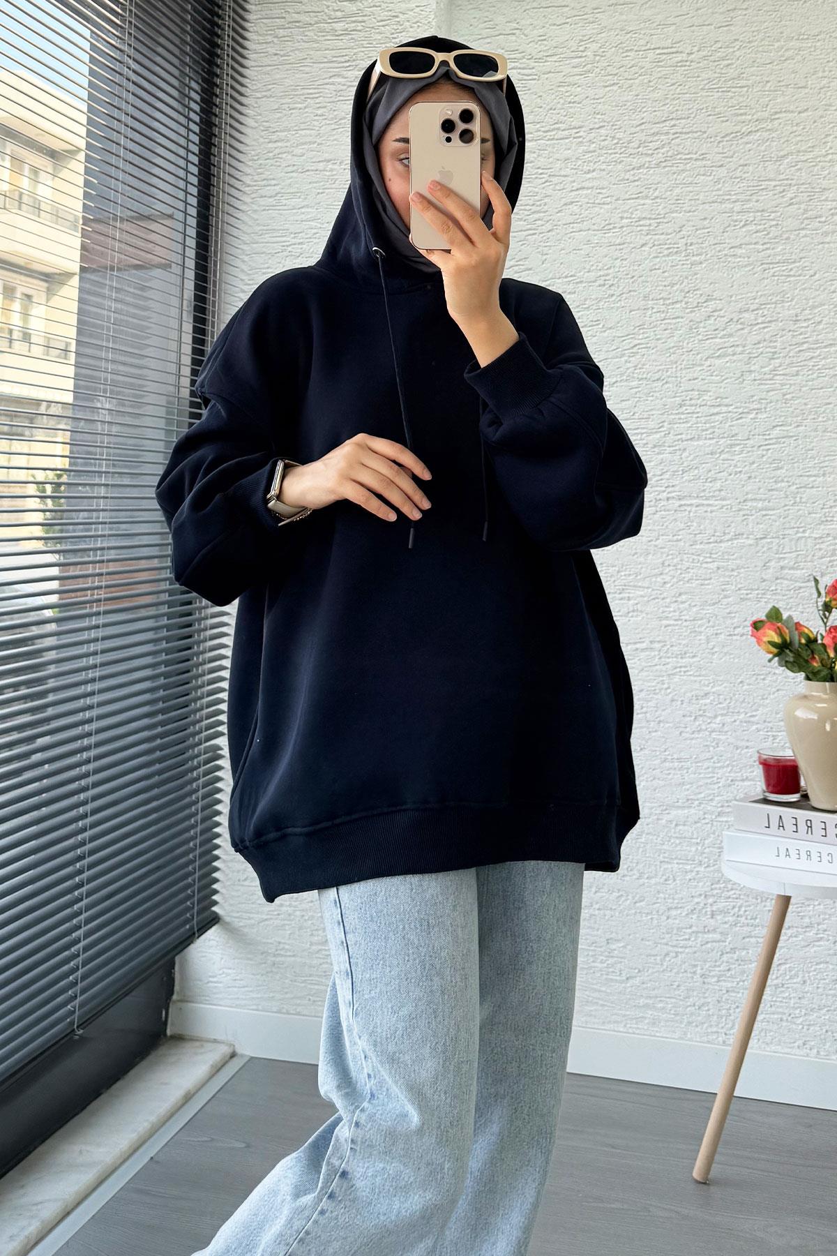 Premium Kolu Pilise Detaylı Oversize Kadın Sweat – Lacivert