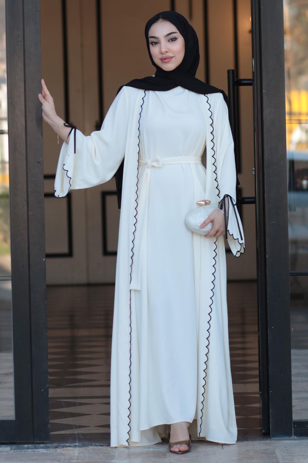 Premium Lazer Kesim Detaylı Aura İkili Abaya Takım — Beyaz