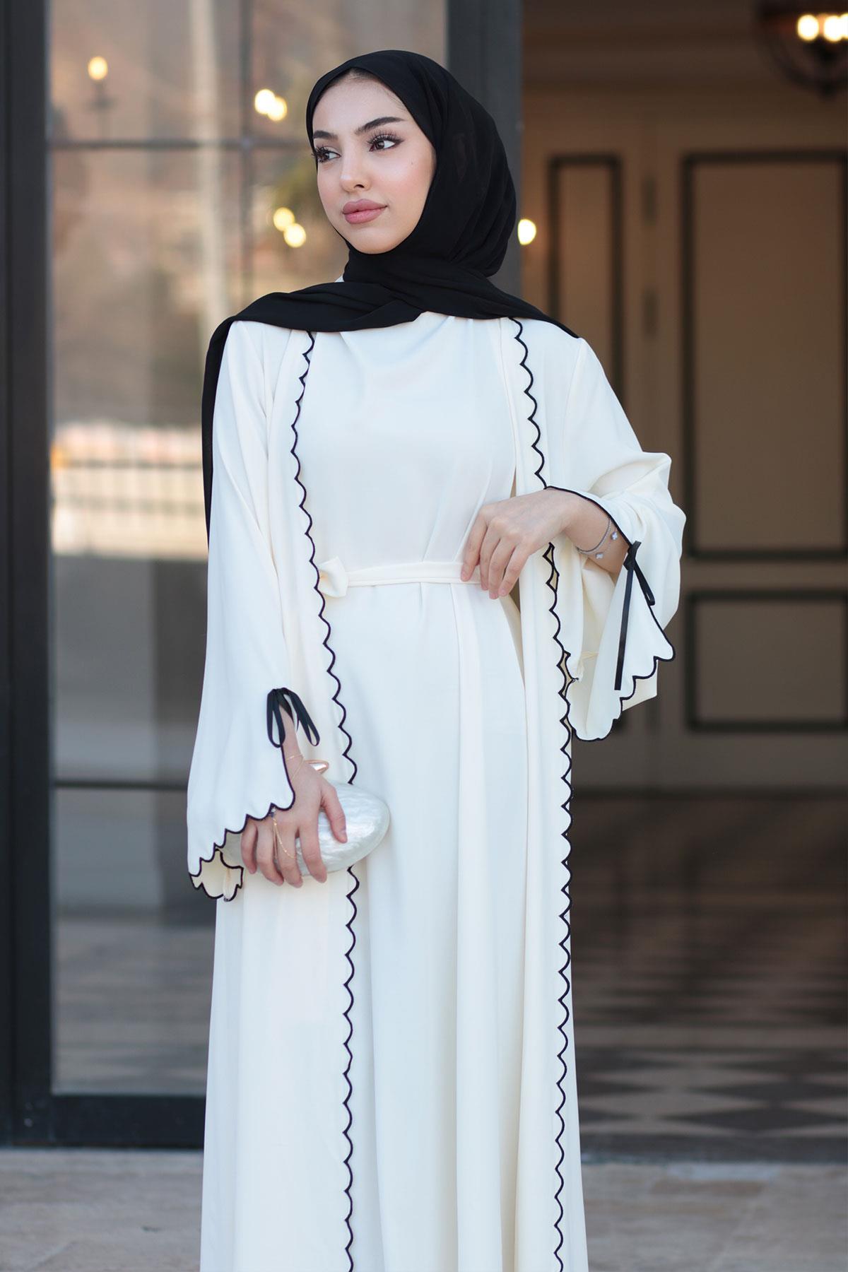 Premium Lazer Kesim Detaylı Aura İkili Abaya Takım — Beyaz