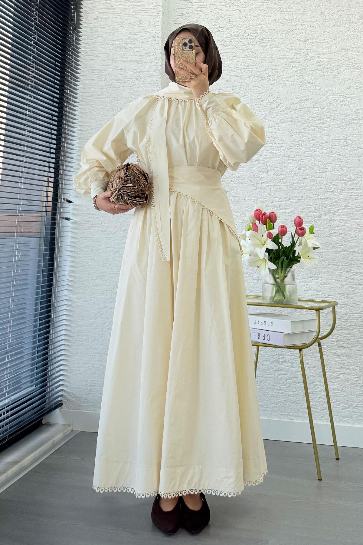 Premium MNK Model Poplin Etekli Takım – Krem
