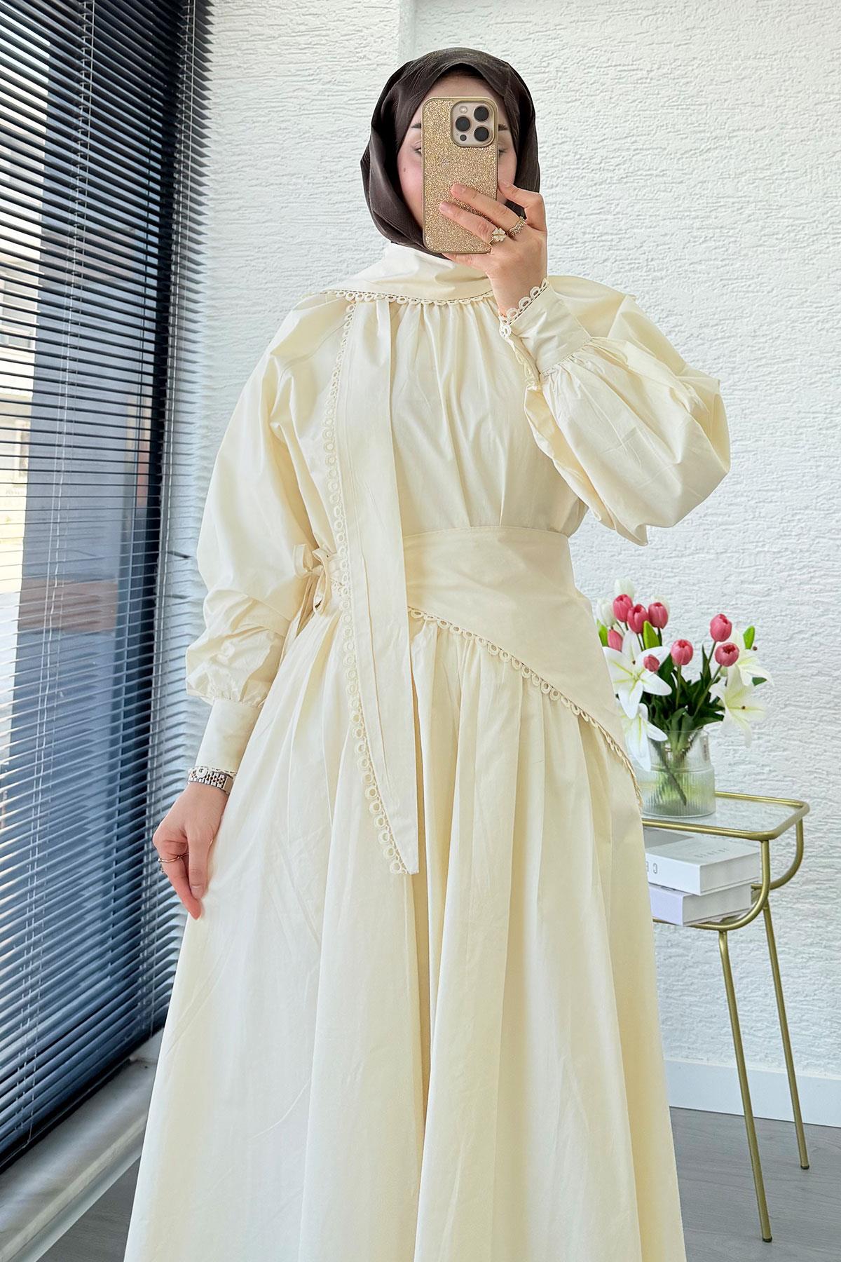 Premium MNK Model Poplin Etekli Takım – Krem