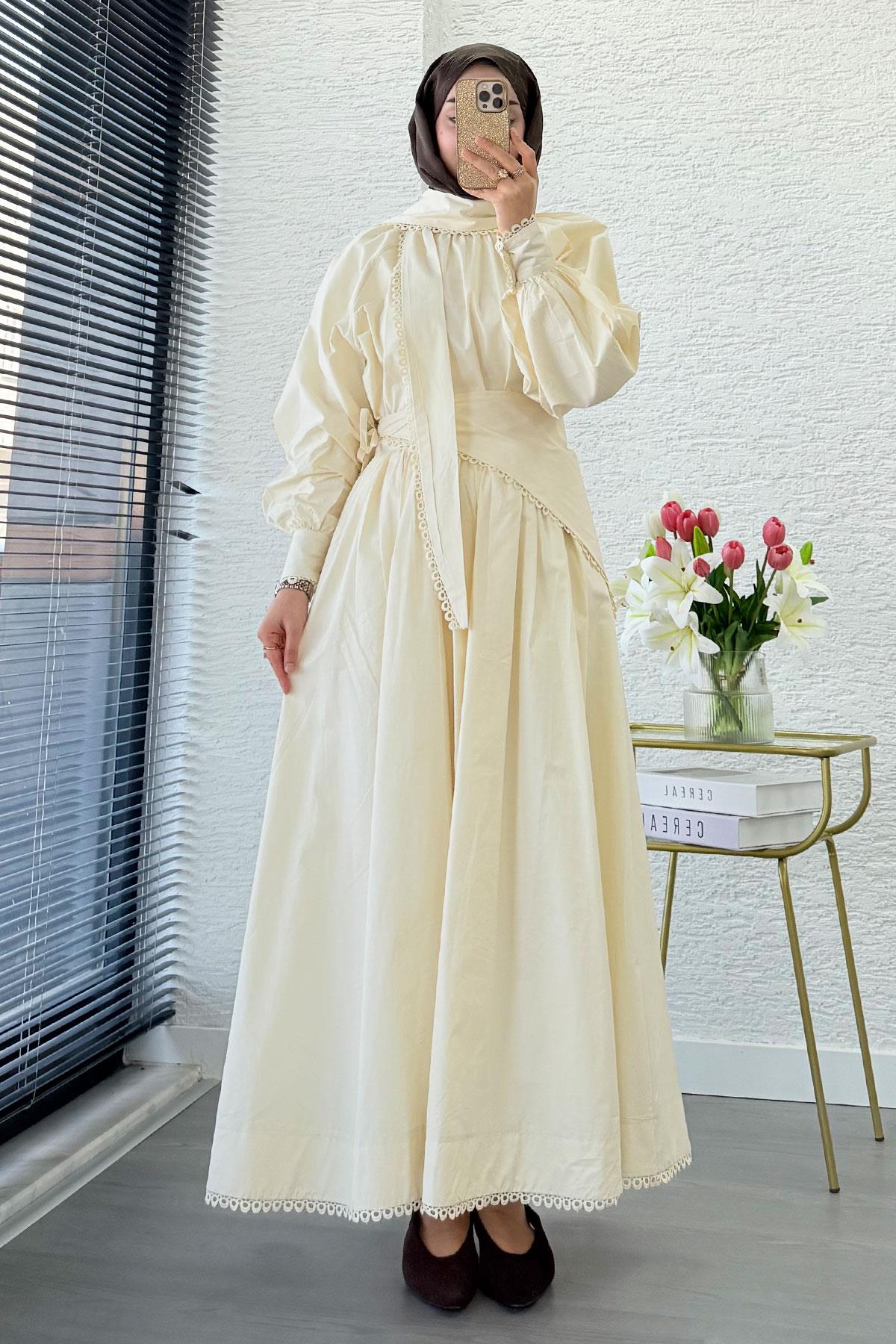 Premium MNK Model Poplin Etekli Takım – Krem