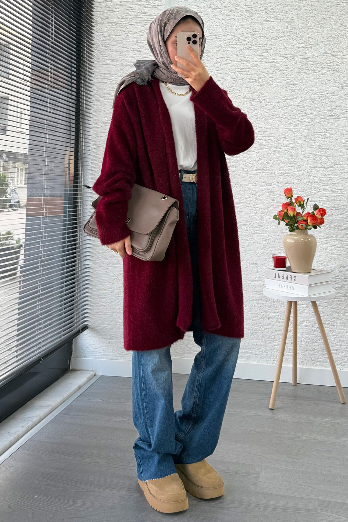 Premium Önü Katlı Yumoş Kadın Hırka – Bordo