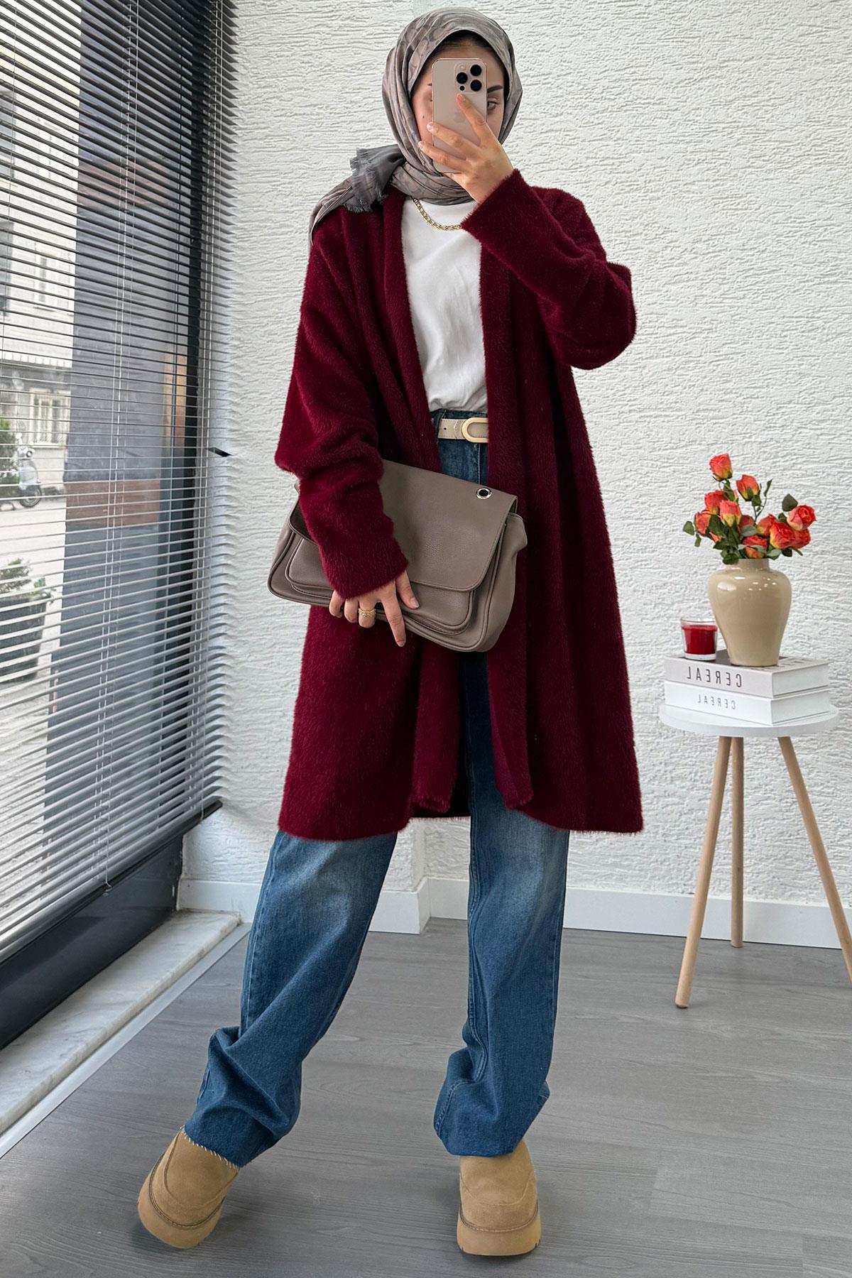 Premium Önü Katlı Yumoş Kadın Hırka – Bordo