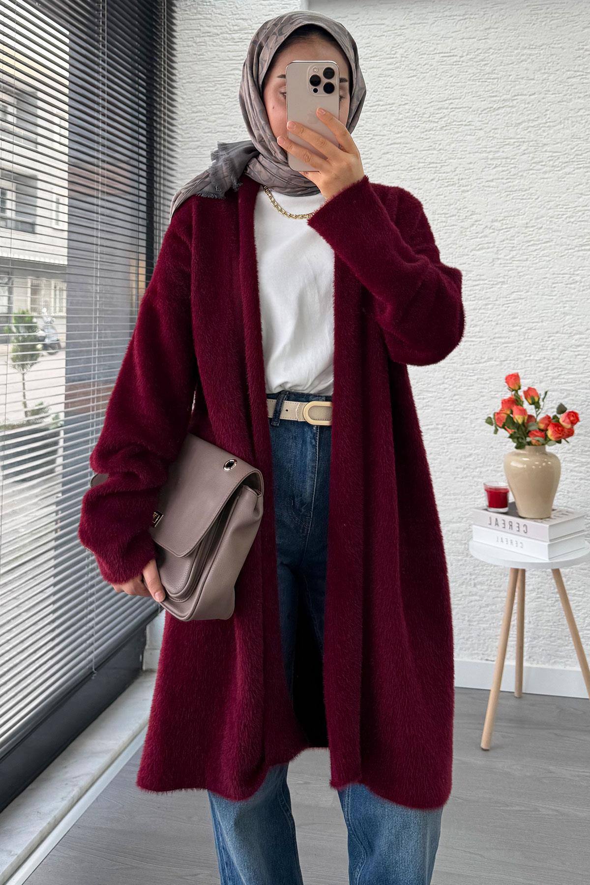 Premium Önü Katlı Yumoş Kadın Hırka – Bordo