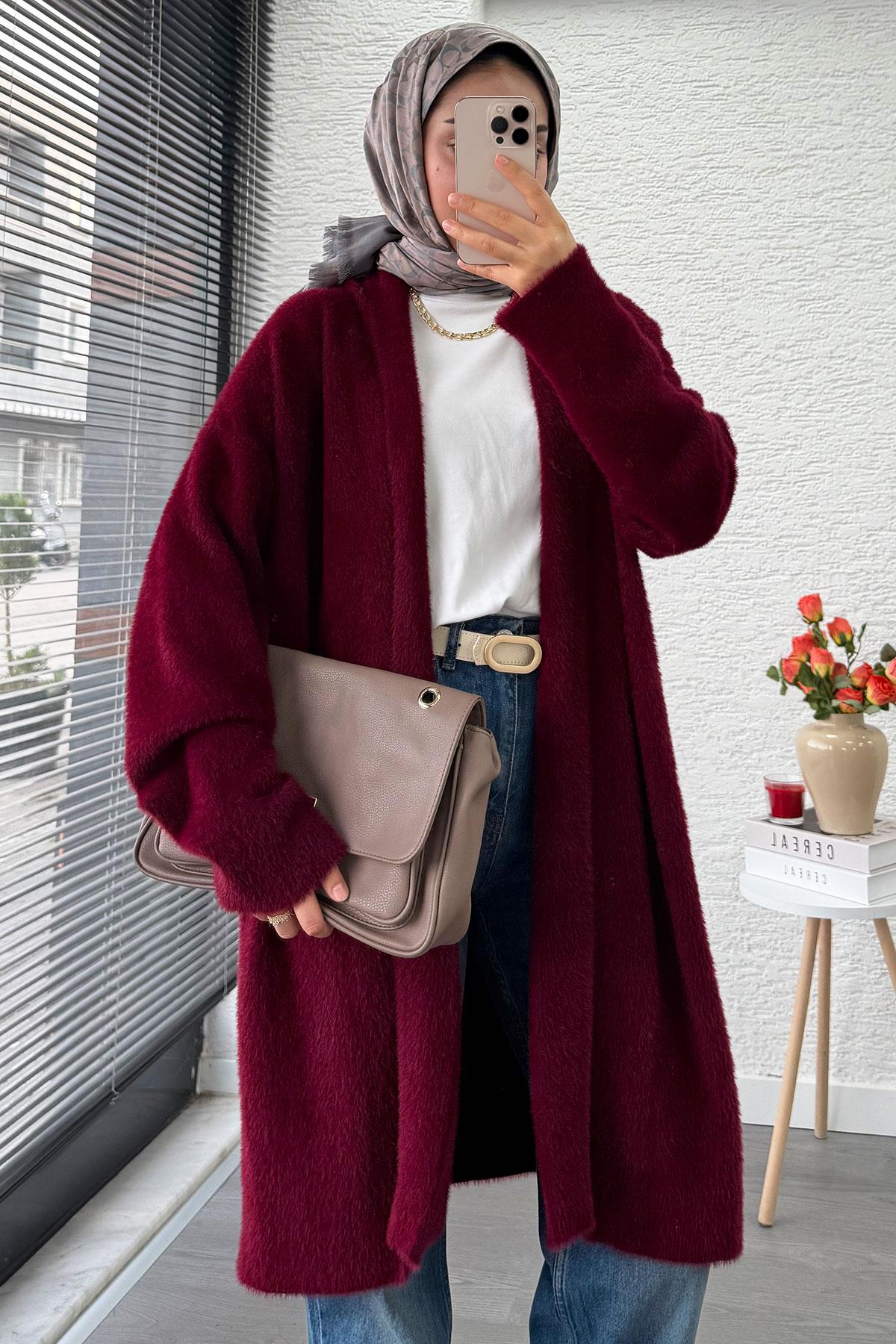 Premium Önü Katlı Yumoş Kadın Hırka – Bordo