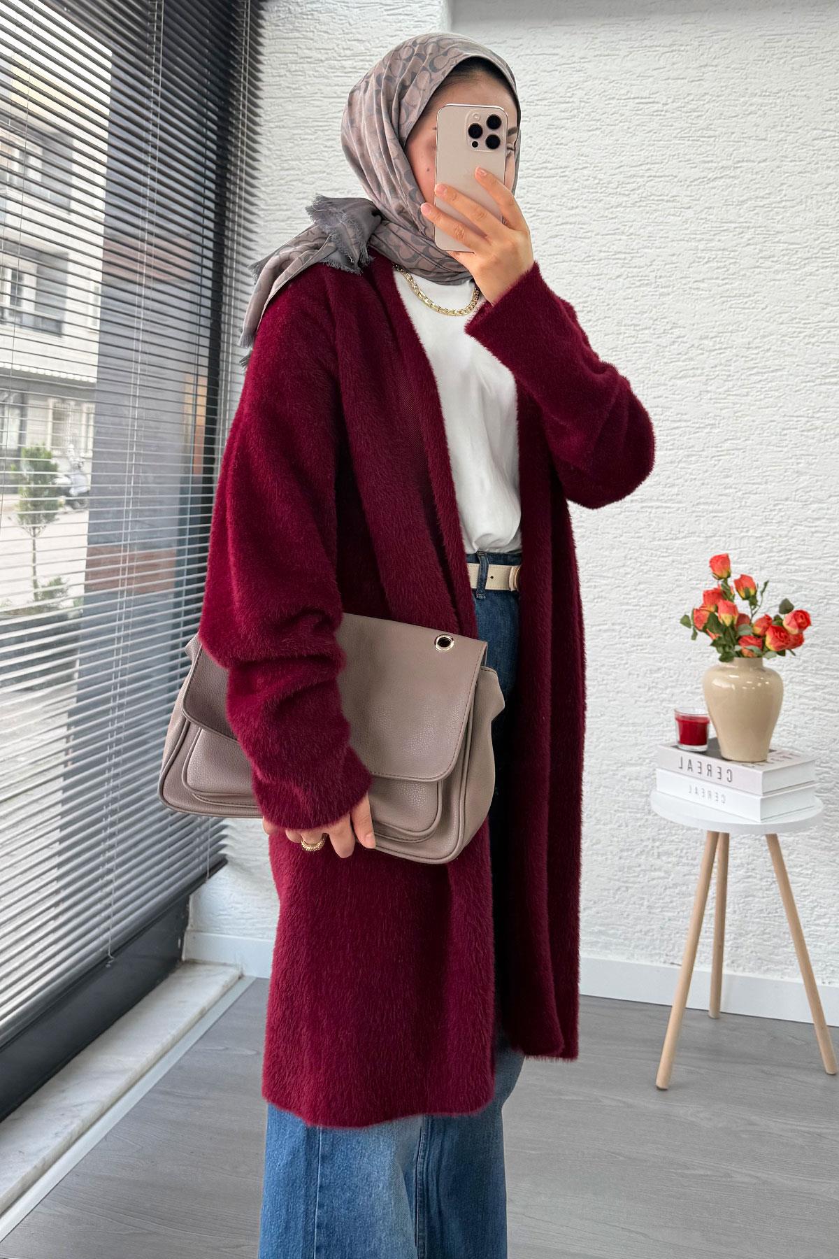 Premium Önü Katlı Yumoş Kadın Hırka – Bordo