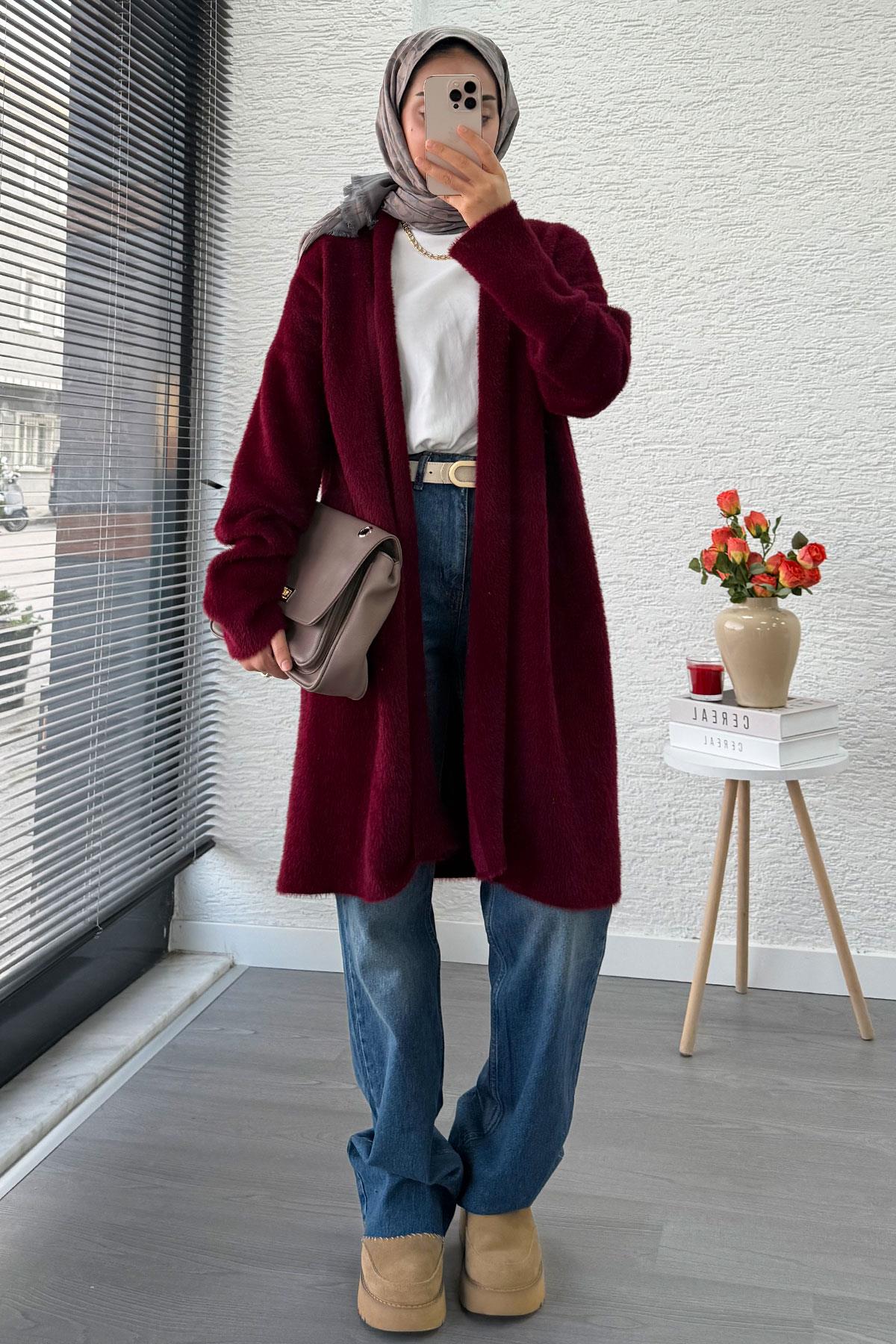 Premium Önü Katlı Yumoş Kadın Hırka – Bordo