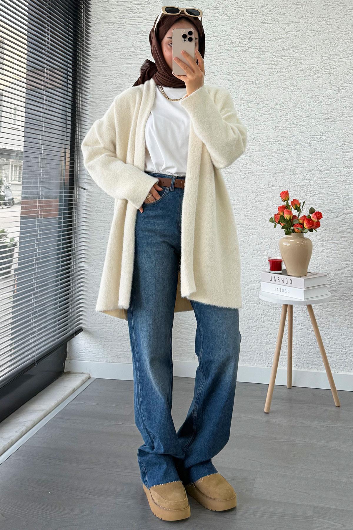 Premium Önü Katlı Yumoş Kadın Hırka – Ekru