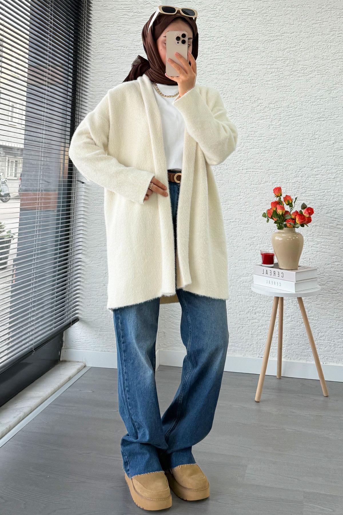 Premium Önü Katlı Yumoş Kadın Hırka – Ekru