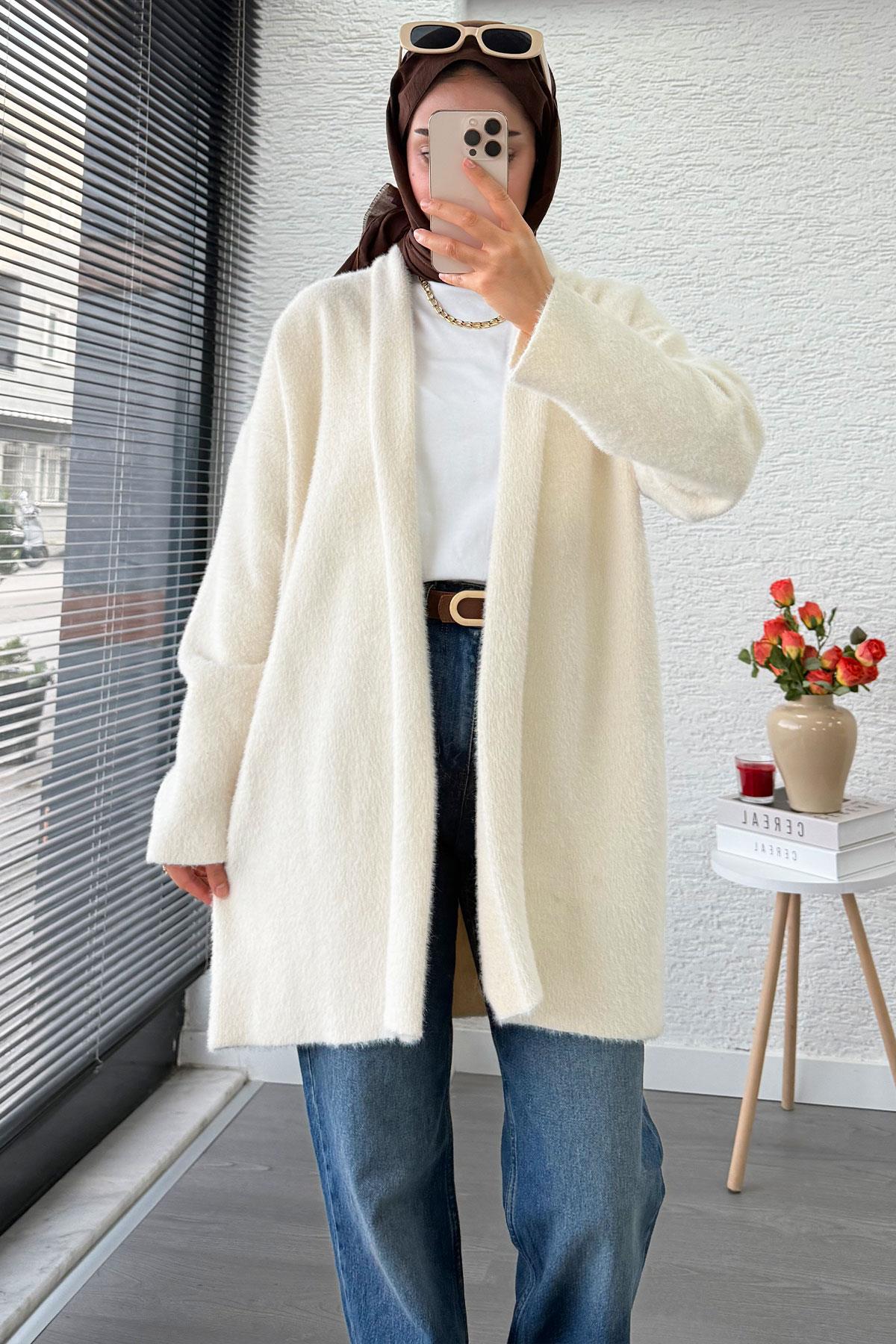 Premium Önü Katlı Yumoş Kadın Hırka – Ekru