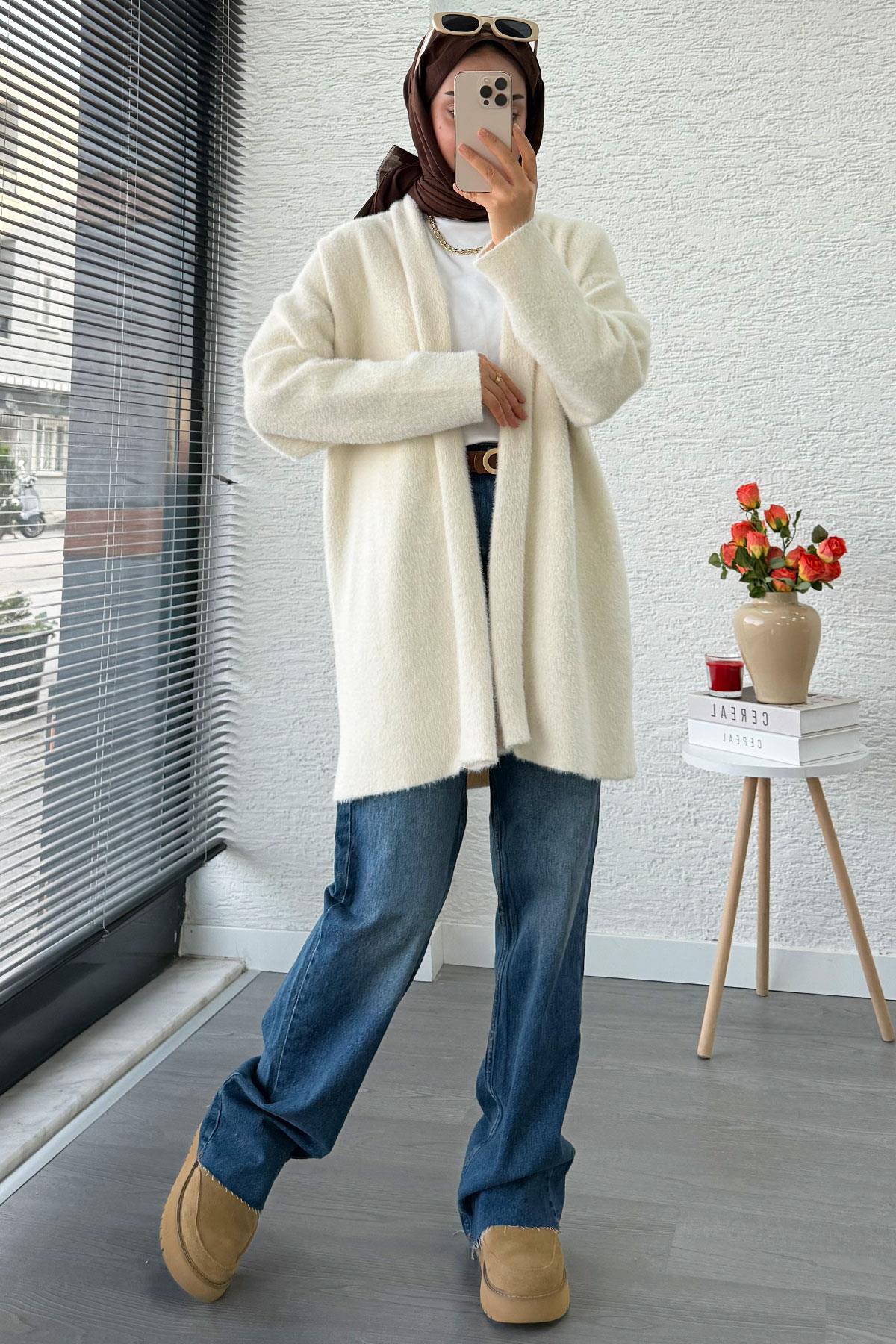 Premium Önü Katlı Yumoş Kadın Hırka – Ekru