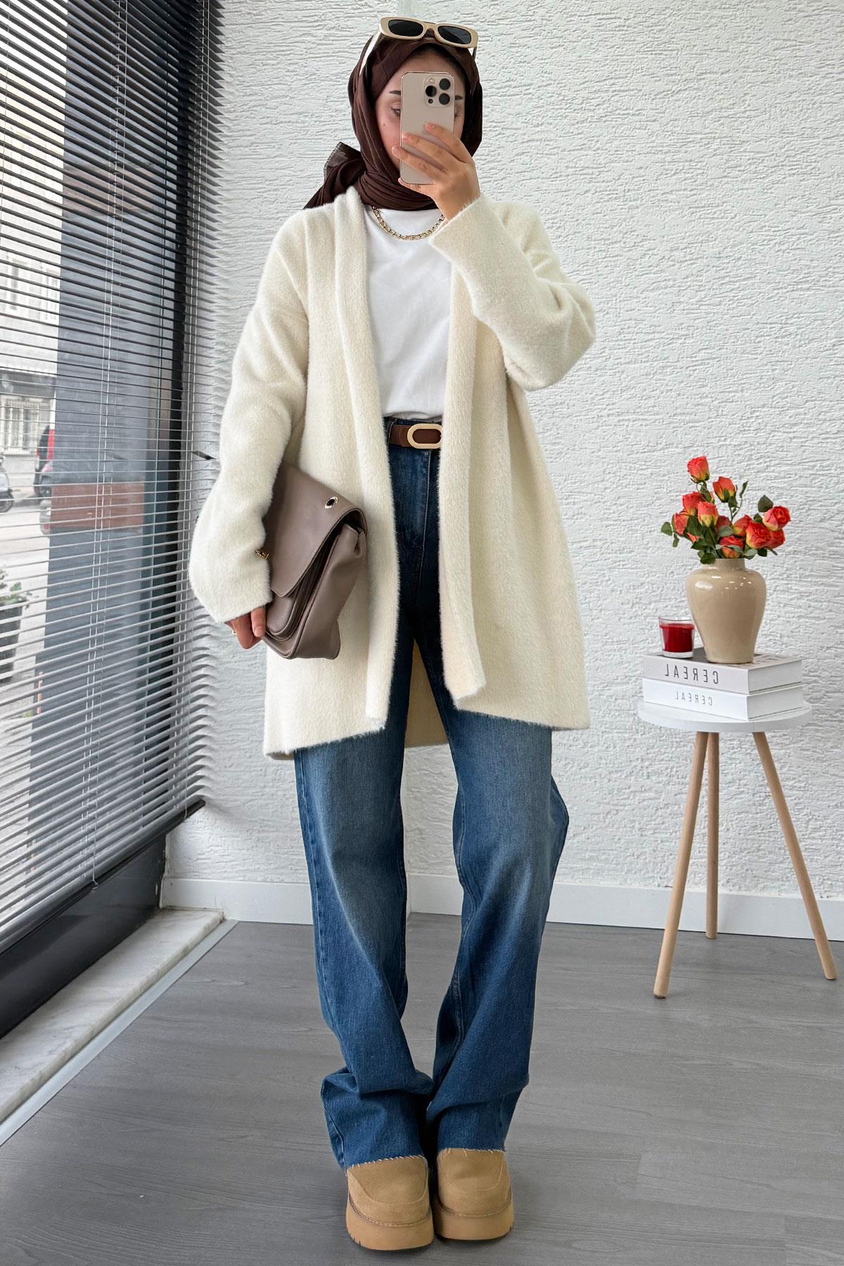 Premium Önü Katlı Yumoş Kadın Hırka – Ekru