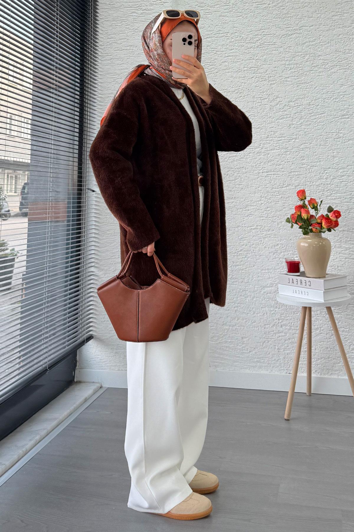 Premium Önü Katlı Yumoş Kadın Hırka – Kahverengi