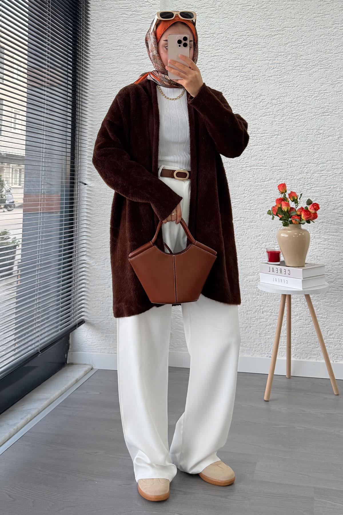 Premium Önü Katlı Yumoş Kadın Hırka – Kahverengi