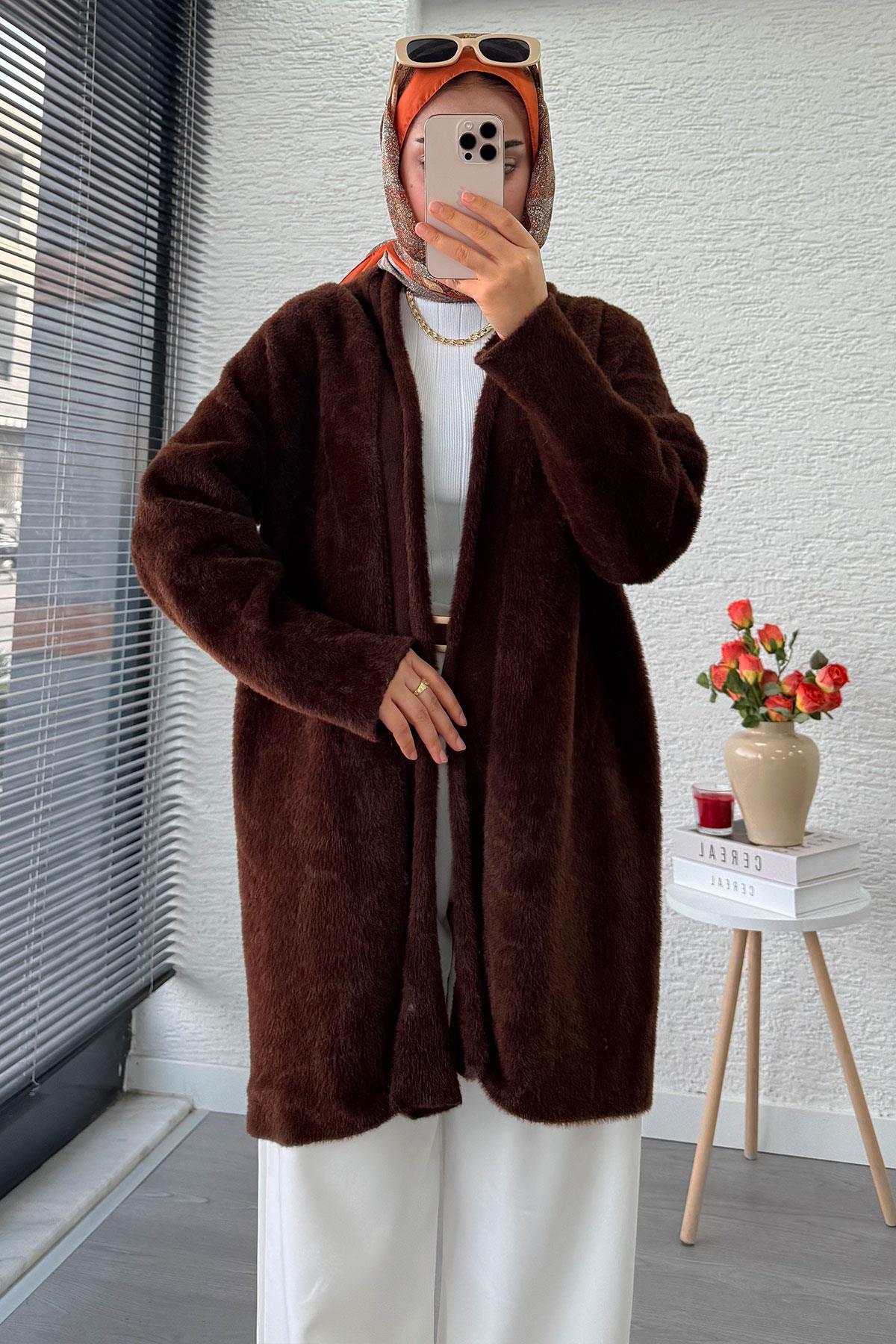 Premium Önü Katlı Yumoş Kadın Hırka – Kahverengi