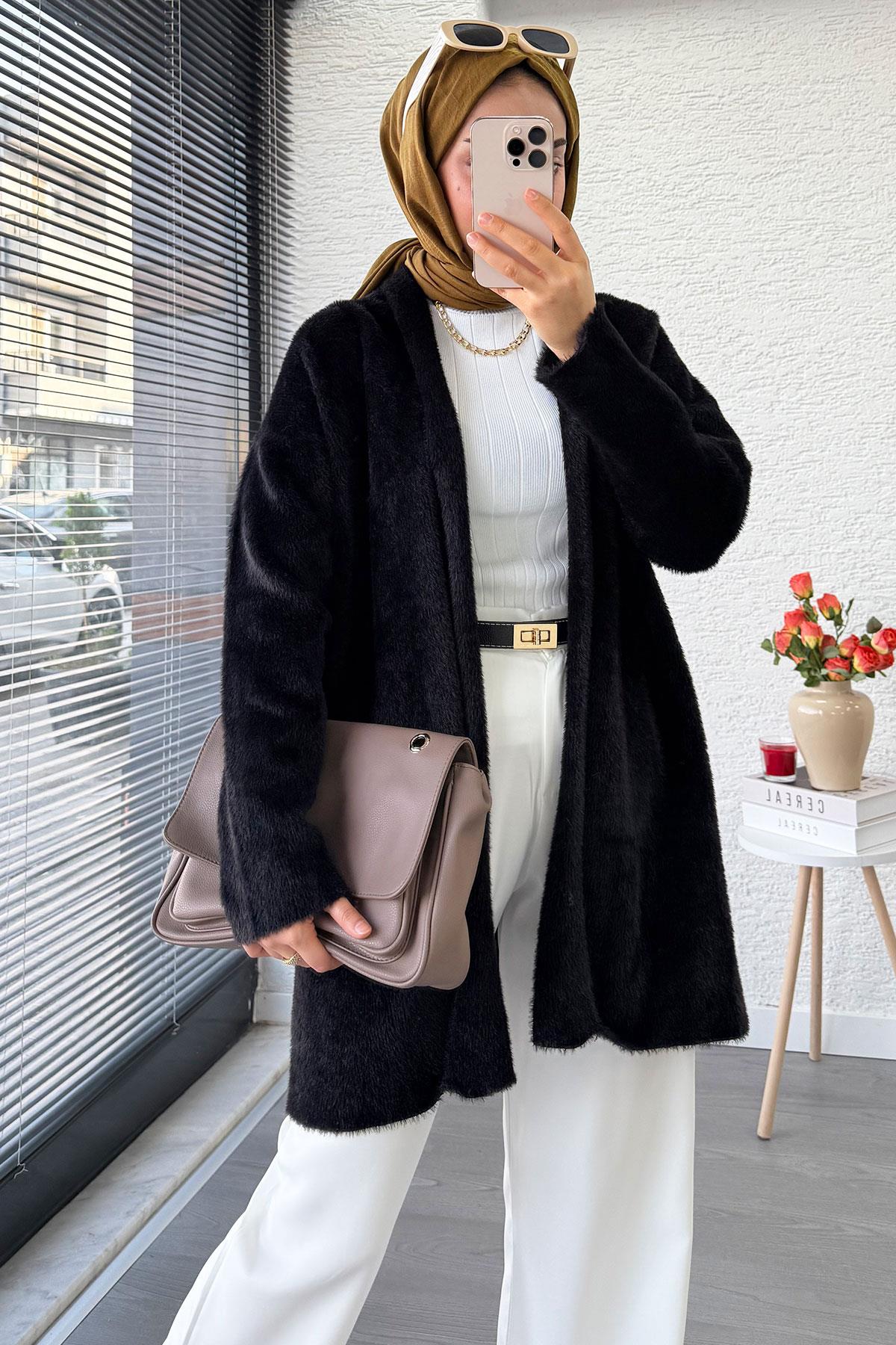 Premium Önü Katlı Yumoş Kadın Hırka – Siyah