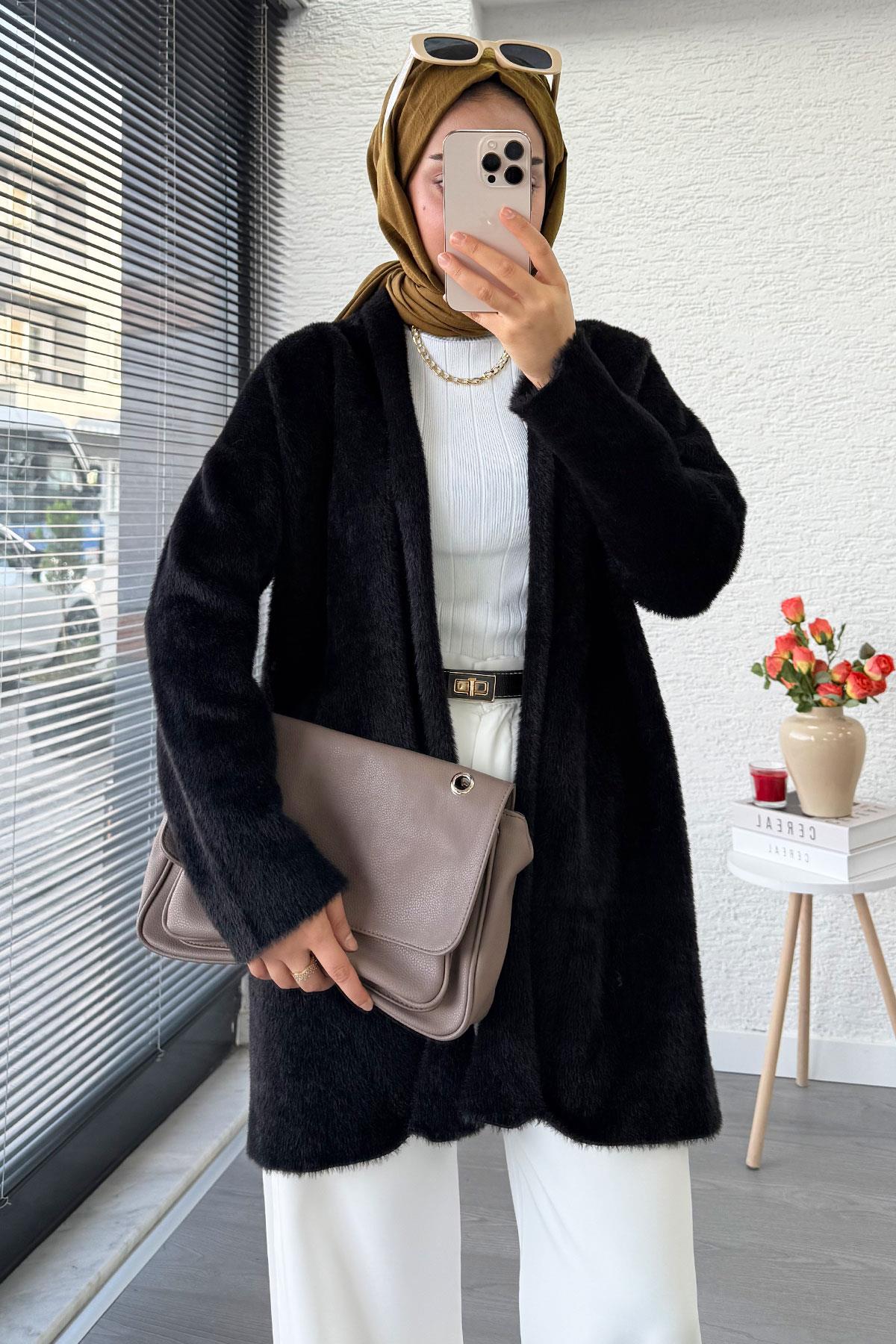 Premium Önü Katlı Yumoş Kadın Hırka – Siyah