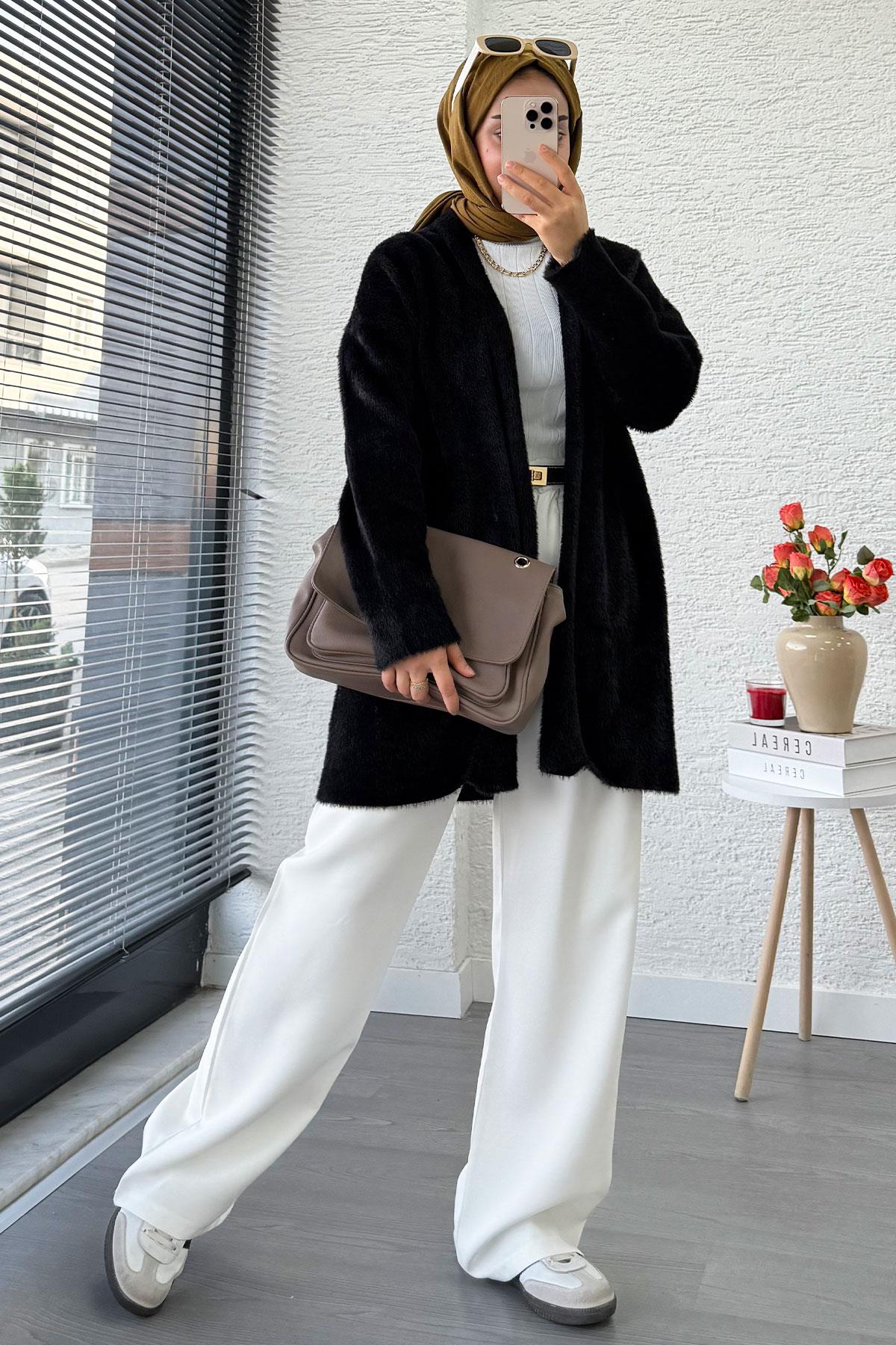 Premium Önü Katlı Yumoş Kadın Hırka – Siyah