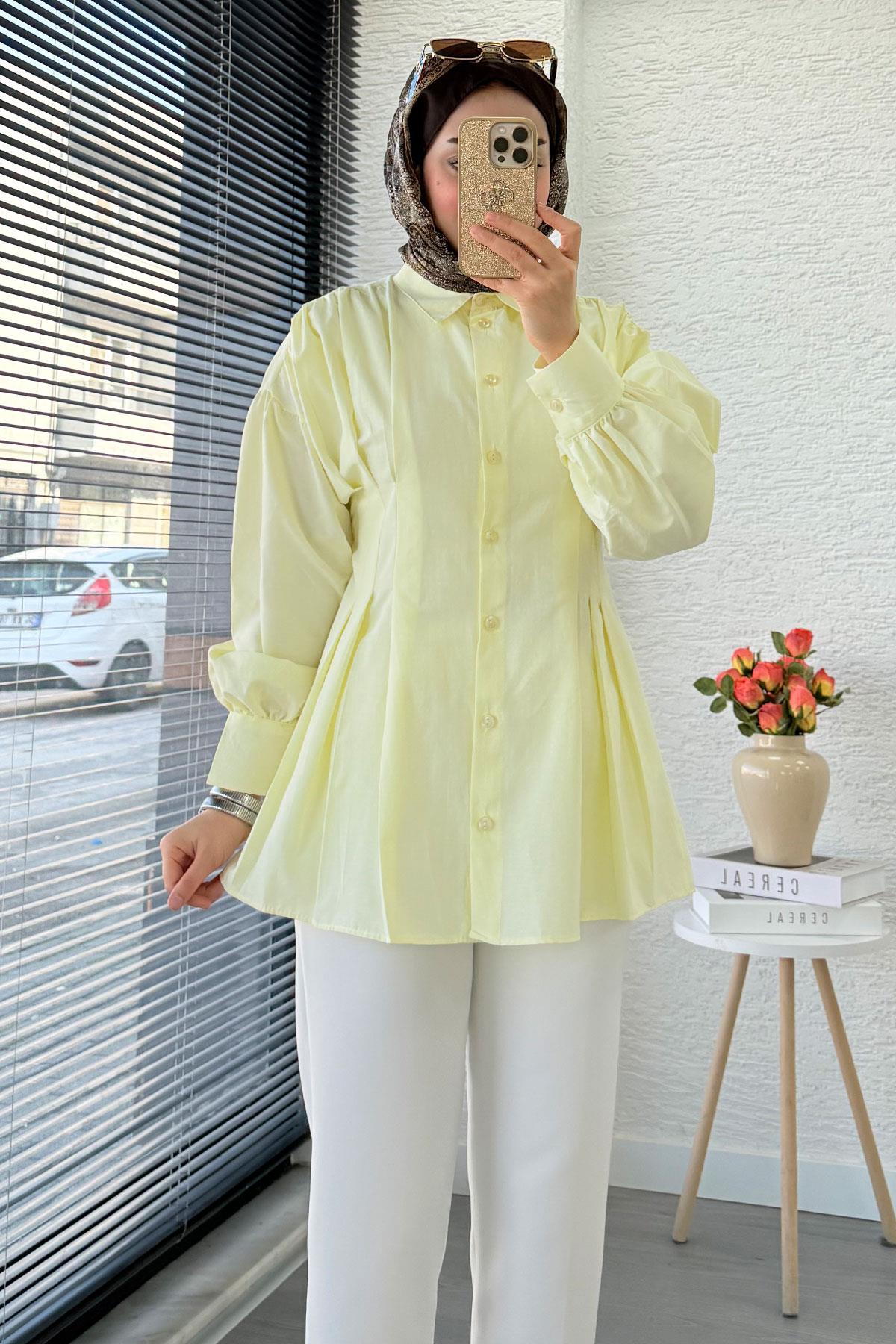 Premium Önü ve Arkası Pens Detaylı Poplin Gömlek Tunik — Sarı