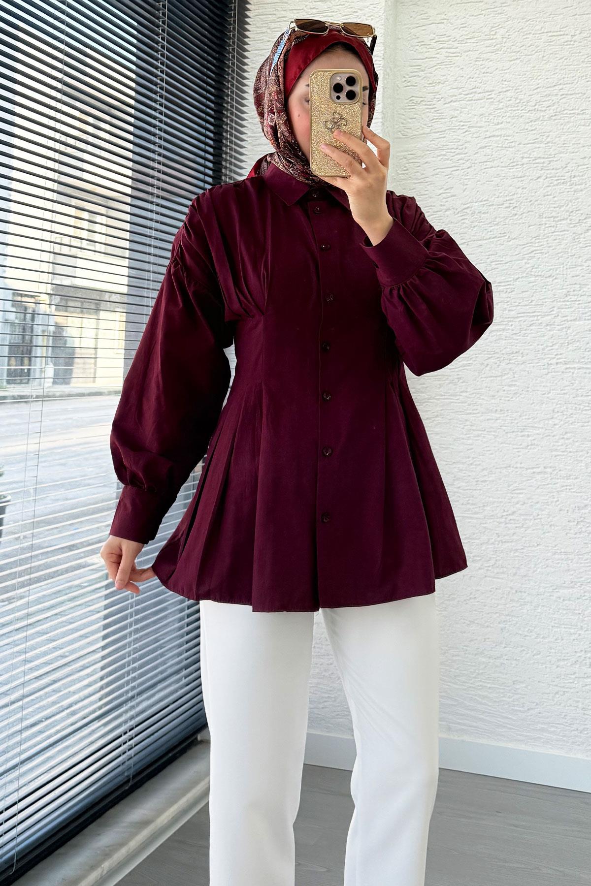 Premium Önü ve Arkası Pens Detaylı Poplin Gömlek Tunik — Bordo