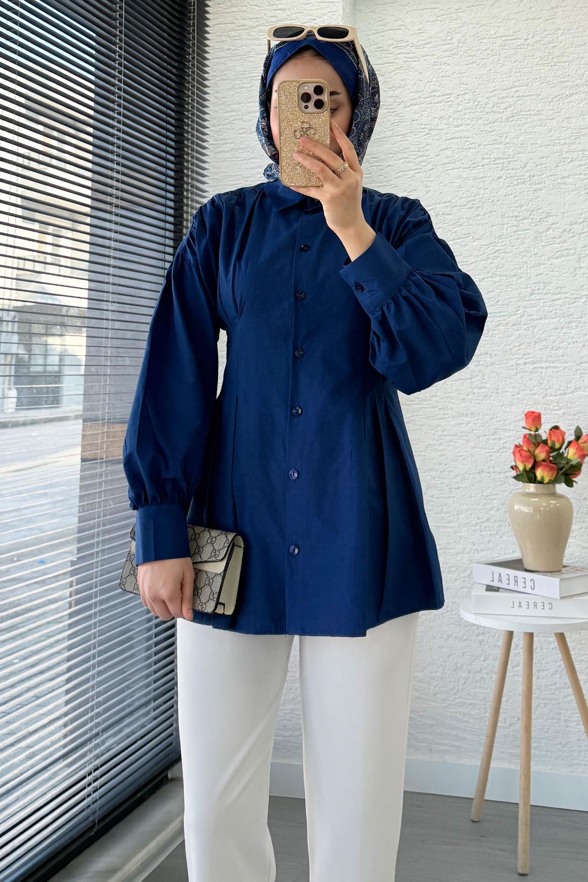Premium Önü ve Arkası Pens Detaylı Poplin Gömlek Tunik — Lacivert