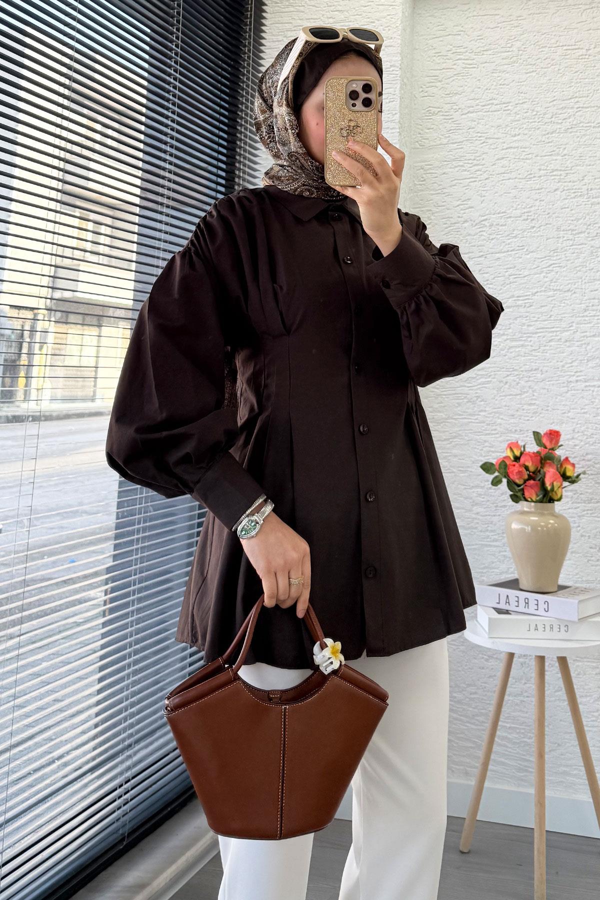 Premium Önü ve Arkası Pens Detaylı Poplin Gömlek Tunik — Kahverengi