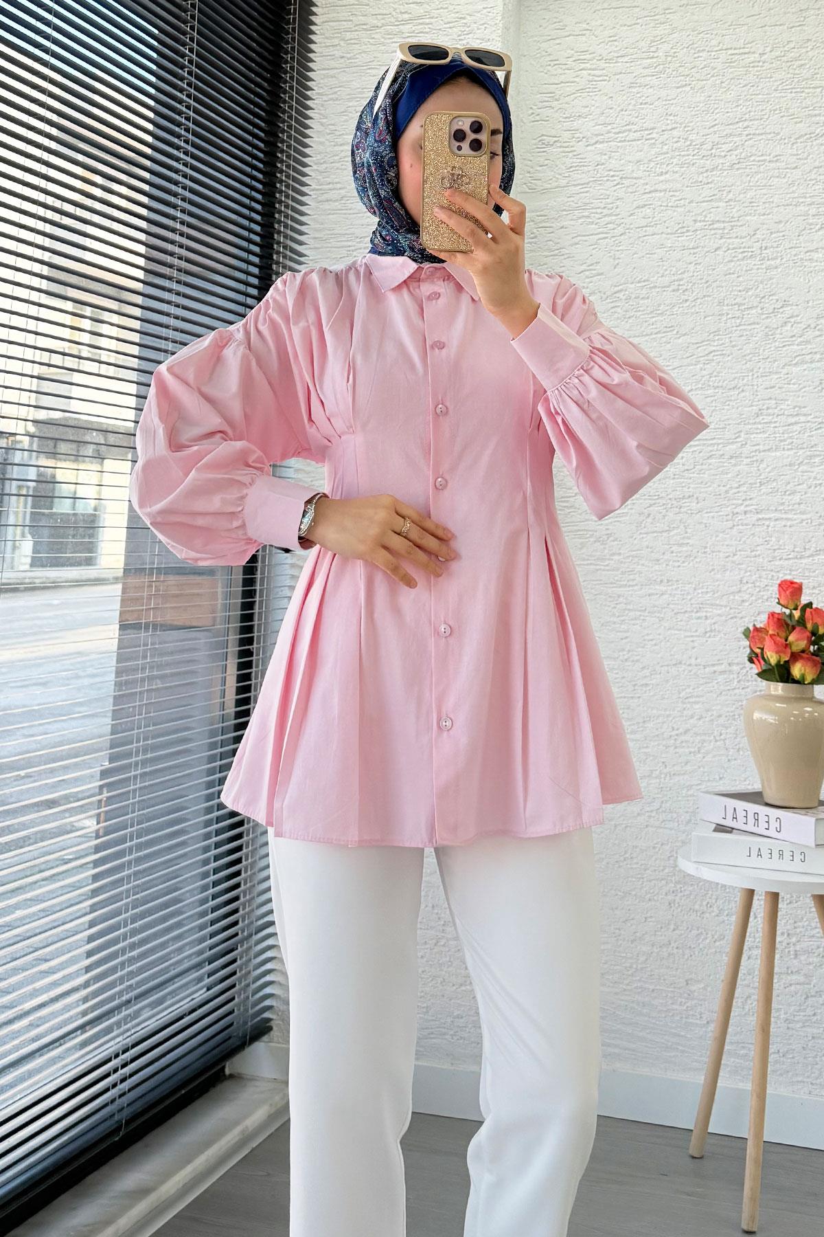 Premium Önü ve Arkası Pens Detaylı Poplin Gömlek Tunik — Pembe