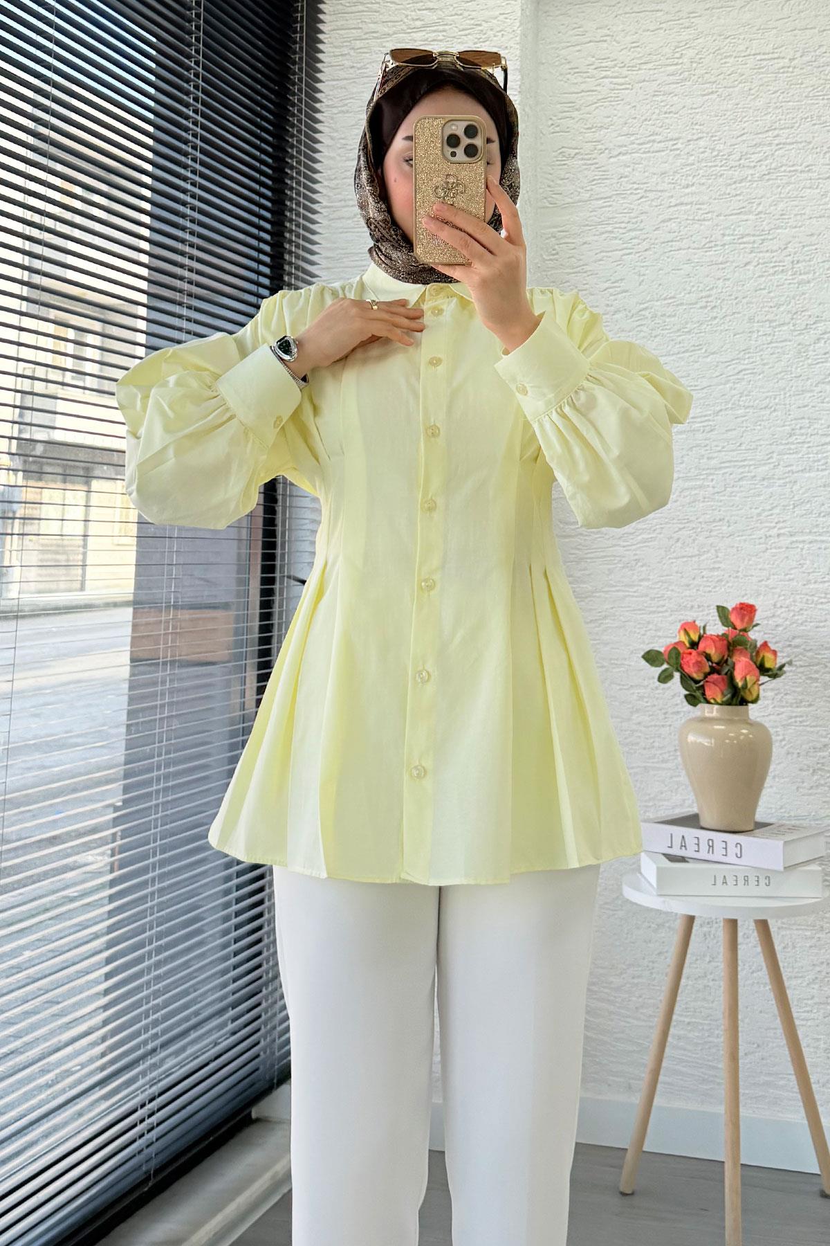Premium Önü ve Arkası Pens Detaylı Poplin Gömlek Tunik — Sarı