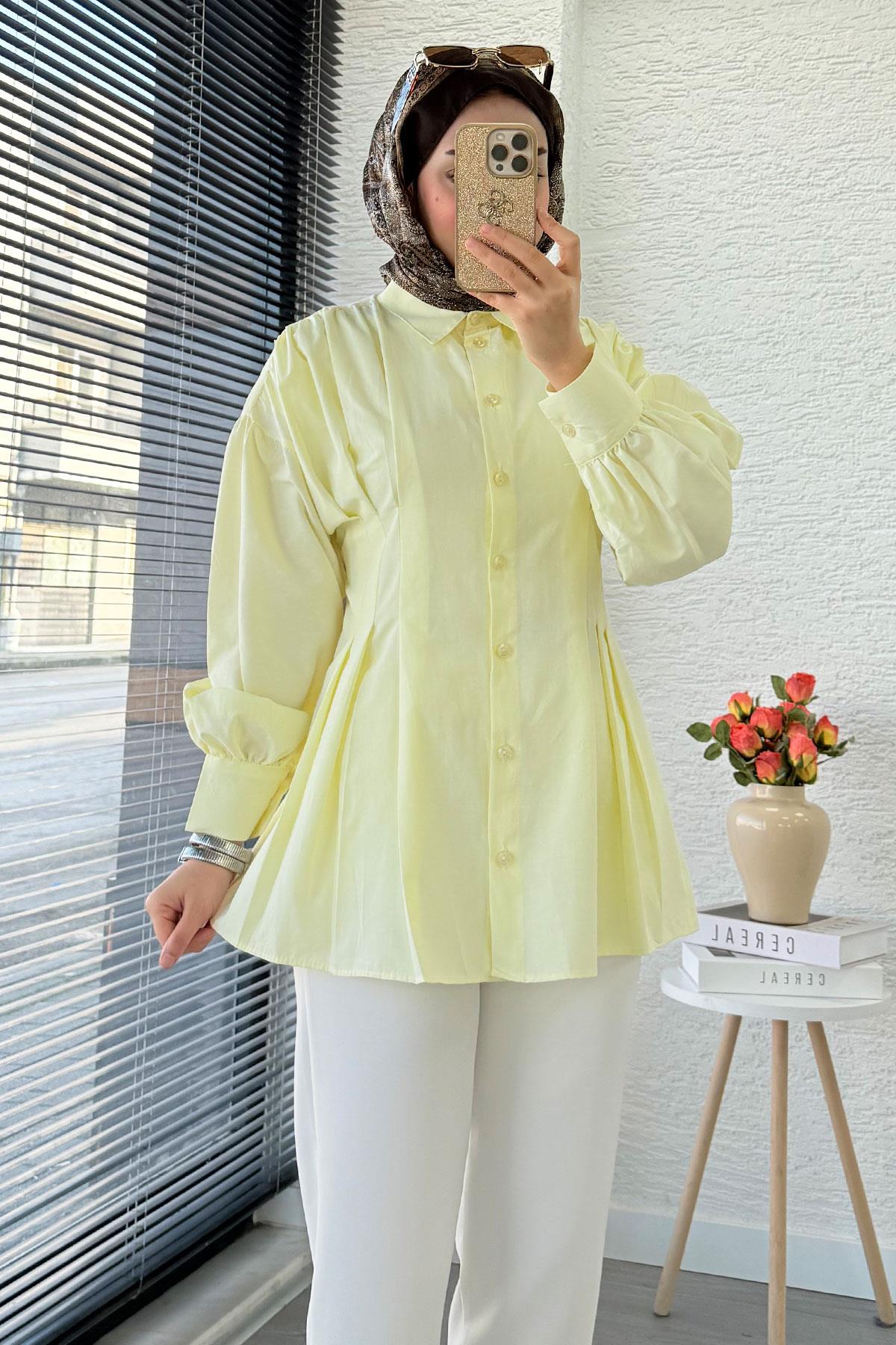 Premium Önü ve Arkası Pens Detaylı Poplin Gömlek Tunik — Sarı