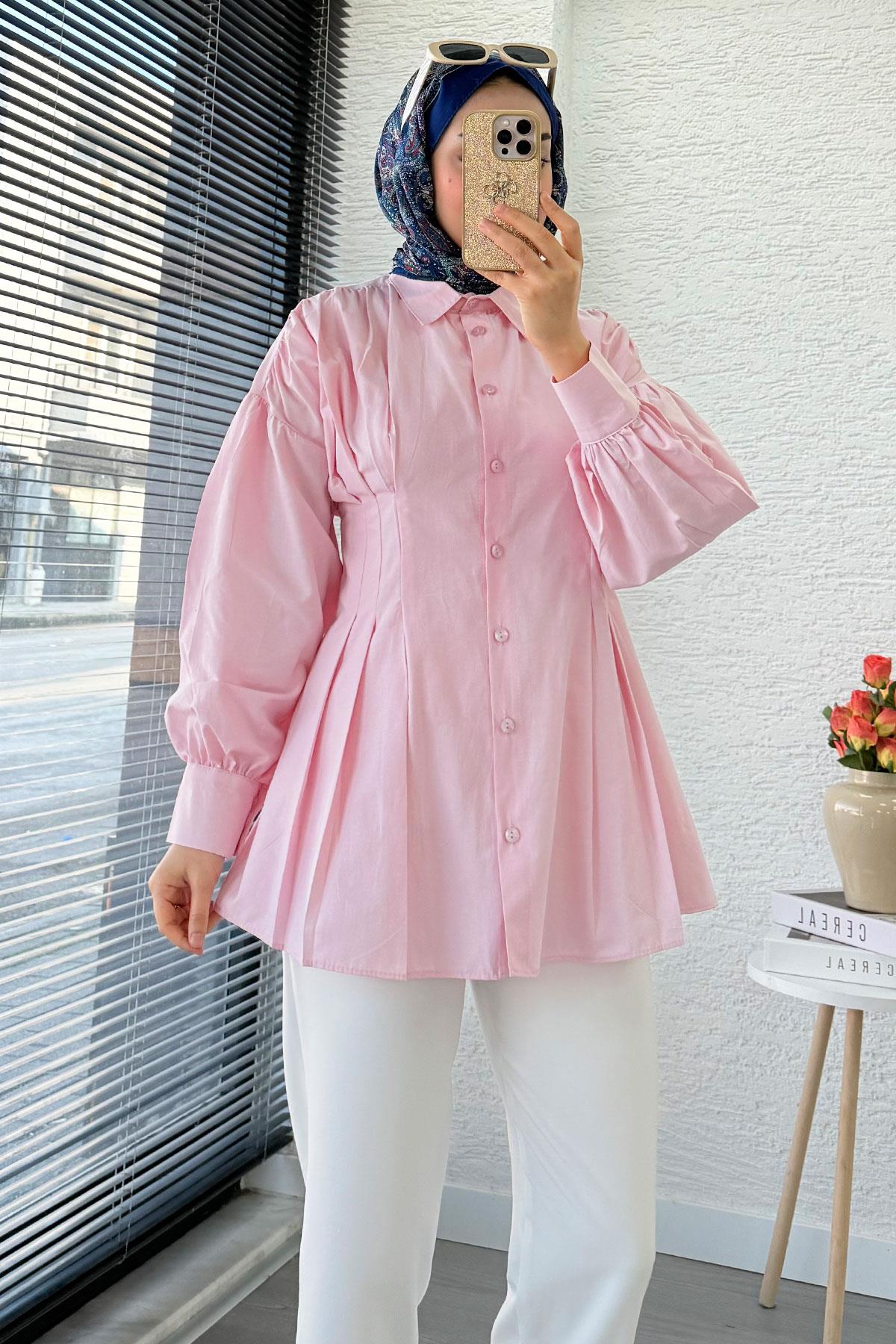 Premium Önü ve Arkası Pens Detaylı Poplin Gömlek Tunik — Pembe