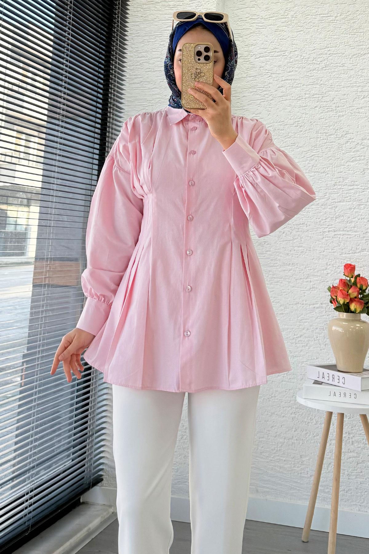 Premium Önü ve Arkası Pens Detaylı Poplin Gömlek Tunik — Pembe