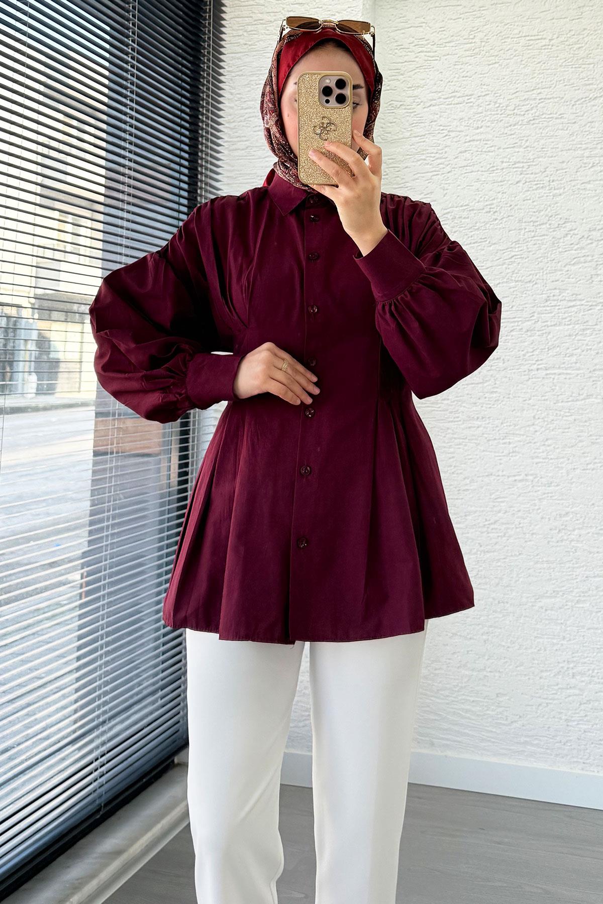 Premium Önü ve Arkası Pens Detaylı Poplin Gömlek Tunik — Bordo