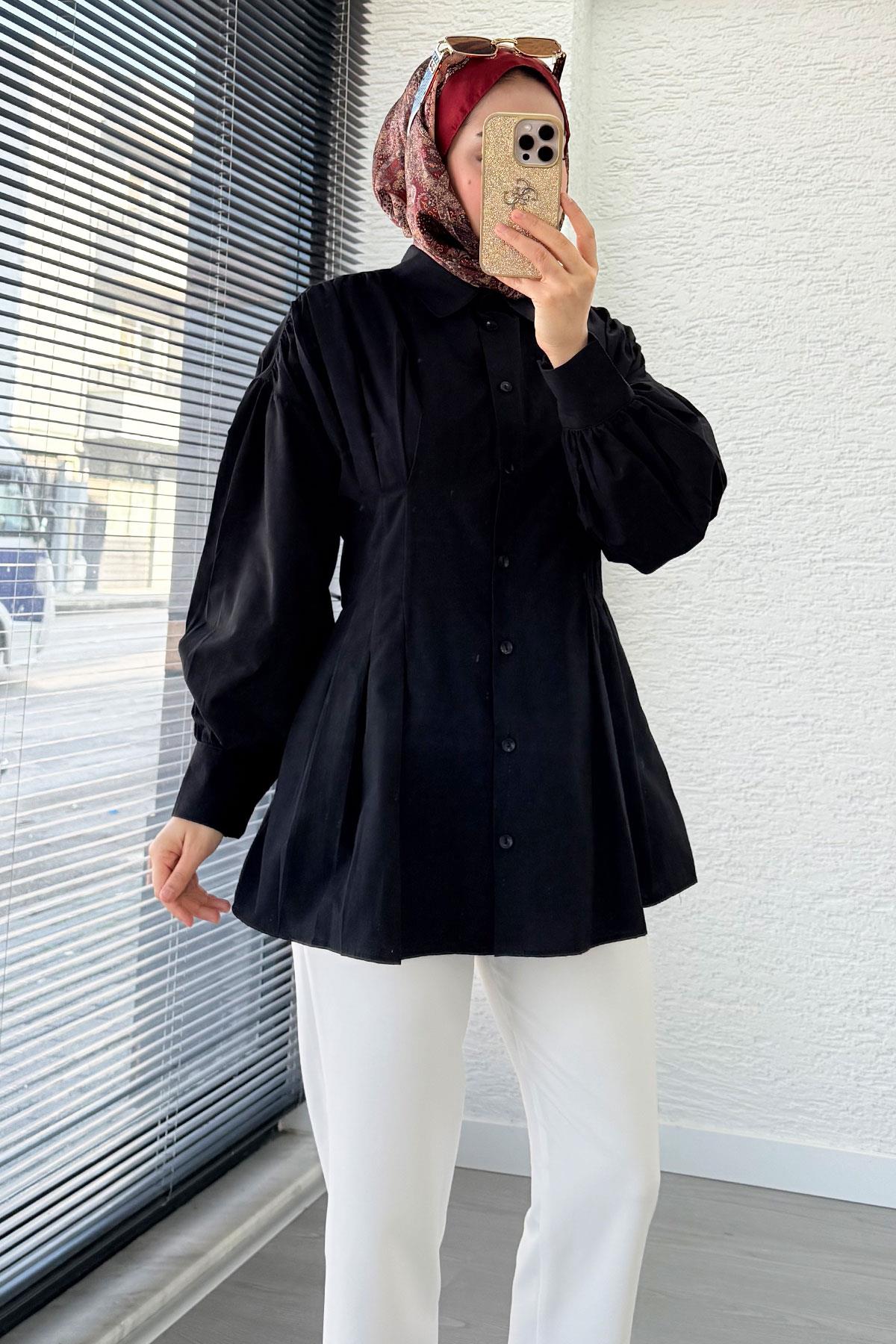 Premium Önü ve Arkası Pens Detaylı Poplin Gömlek Tunik — Siyah