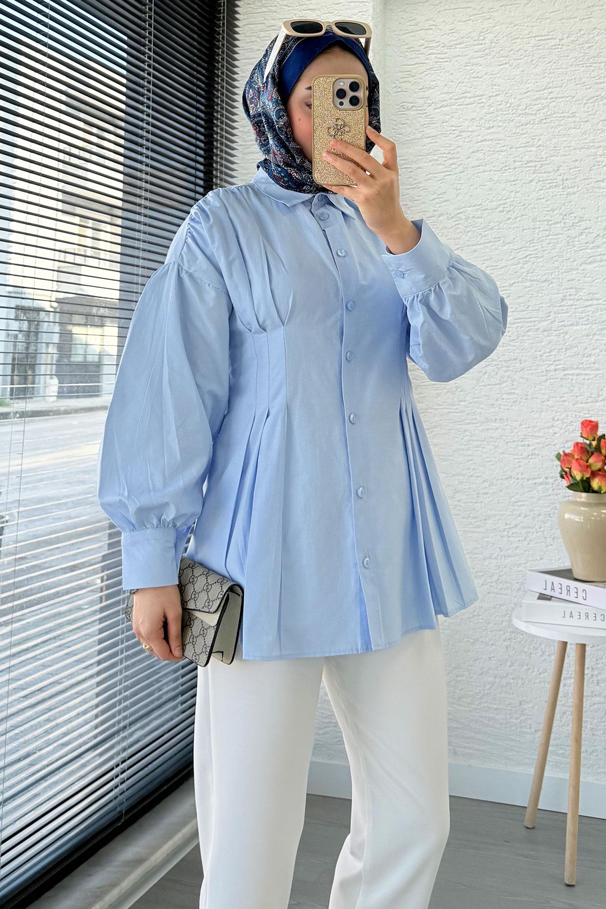 Premium Önü ve Arkası Pens Detaylı Poplin Gömlek Tunik — Mavi