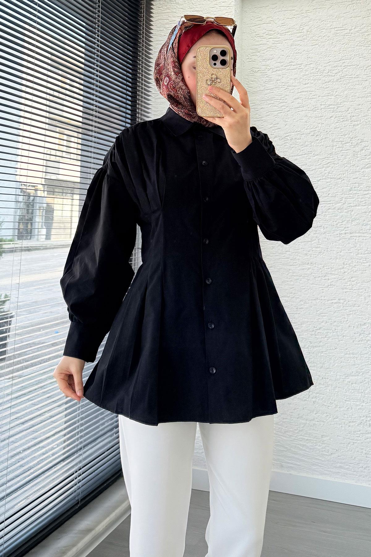 Premium Önü ve Arkası Pens Detaylı Poplin Gömlek Tunik — Siyah