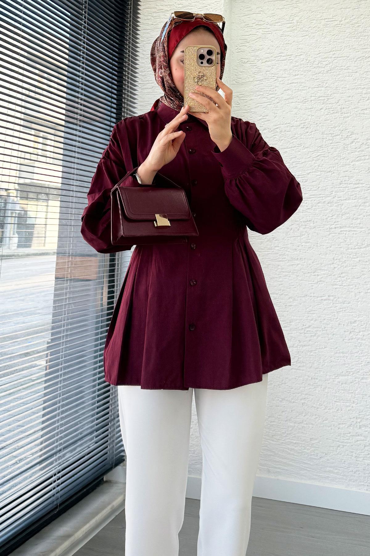 Premium Önü ve Arkası Pens Detaylı Poplin Gömlek Tunik — Bordo