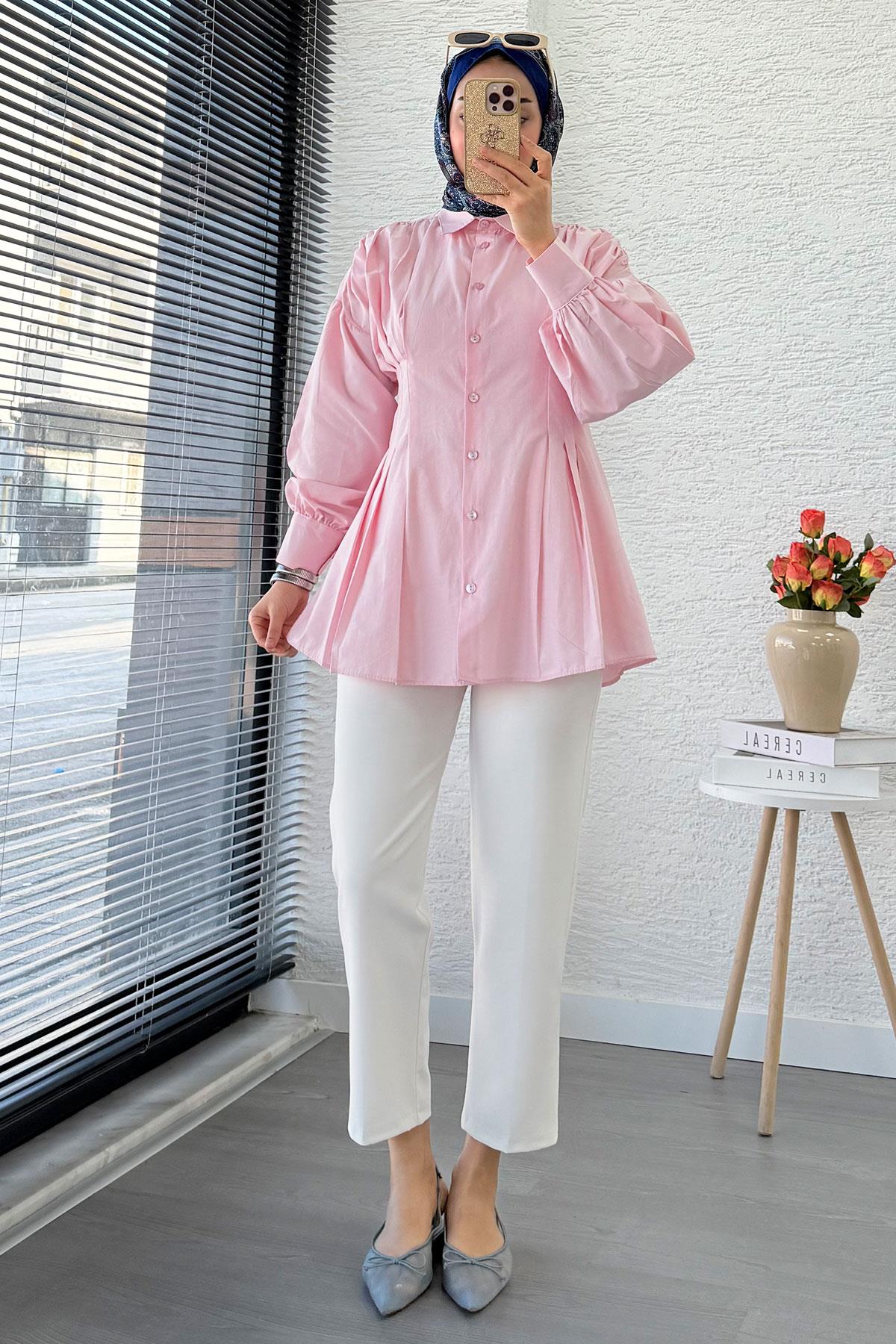 Premium Önü ve Arkası Pens Detaylı Poplin Gömlek Tunik — Pembe