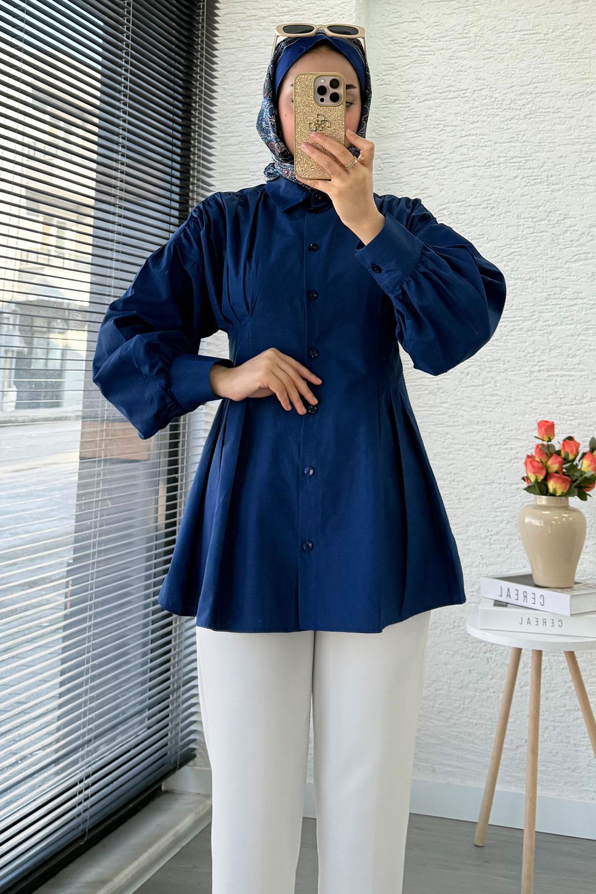Premium Önü ve Arkası Pens Detaylı Poplin Gömlek Tunik — Lacivert