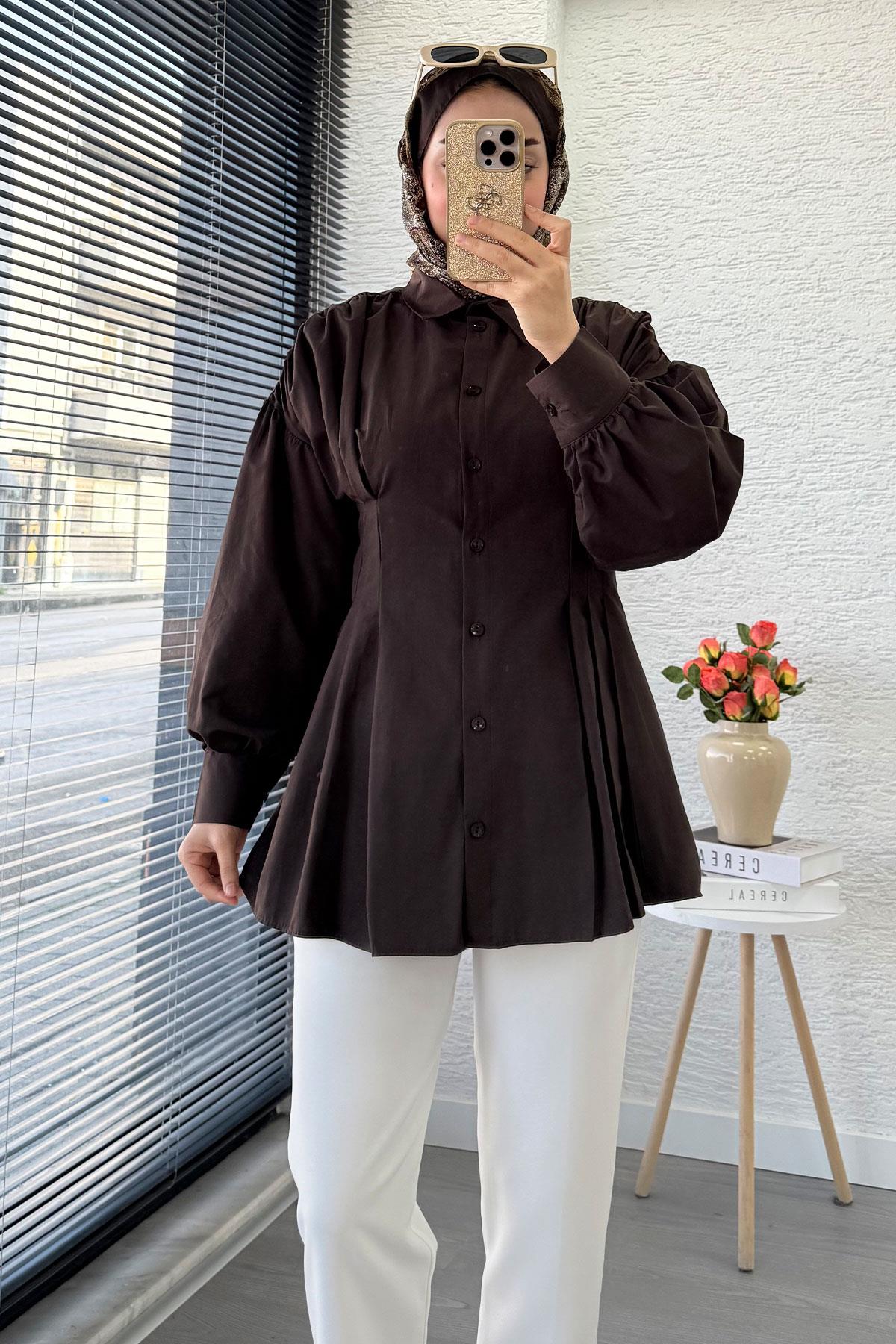 Premium Önü ve Arkası Pens Detaylı Poplin Gömlek Tunik — Kahverengi