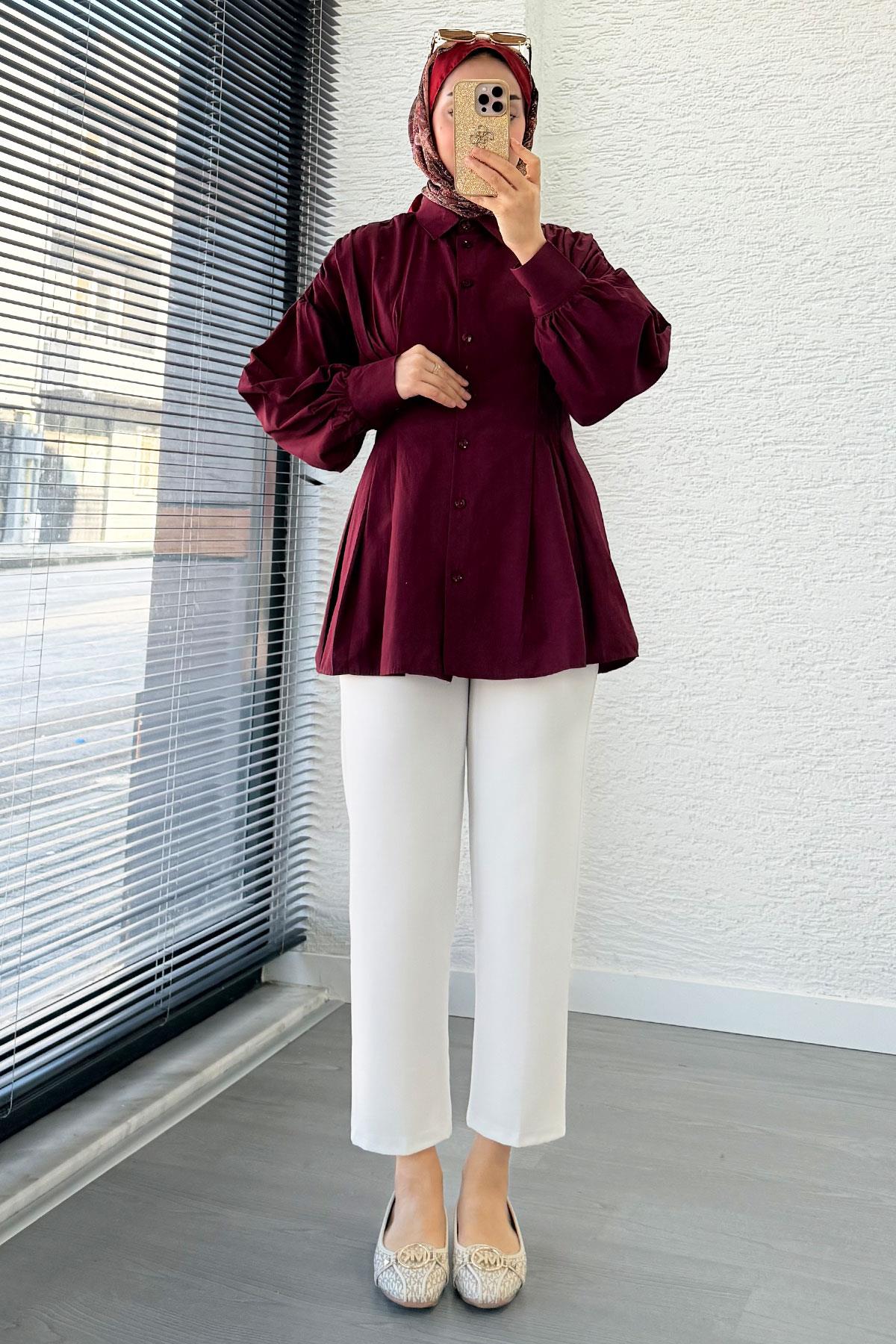 Premium Önü ve Arkası Pens Detaylı Poplin Gömlek Tunik — Bordo