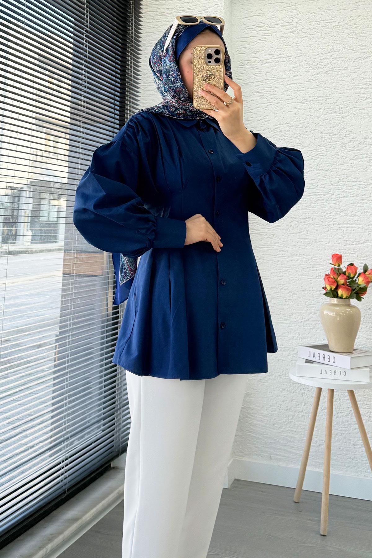 Premium Önü ve Arkası Pens Detaylı Poplin Gömlek Tunik — Lacivert