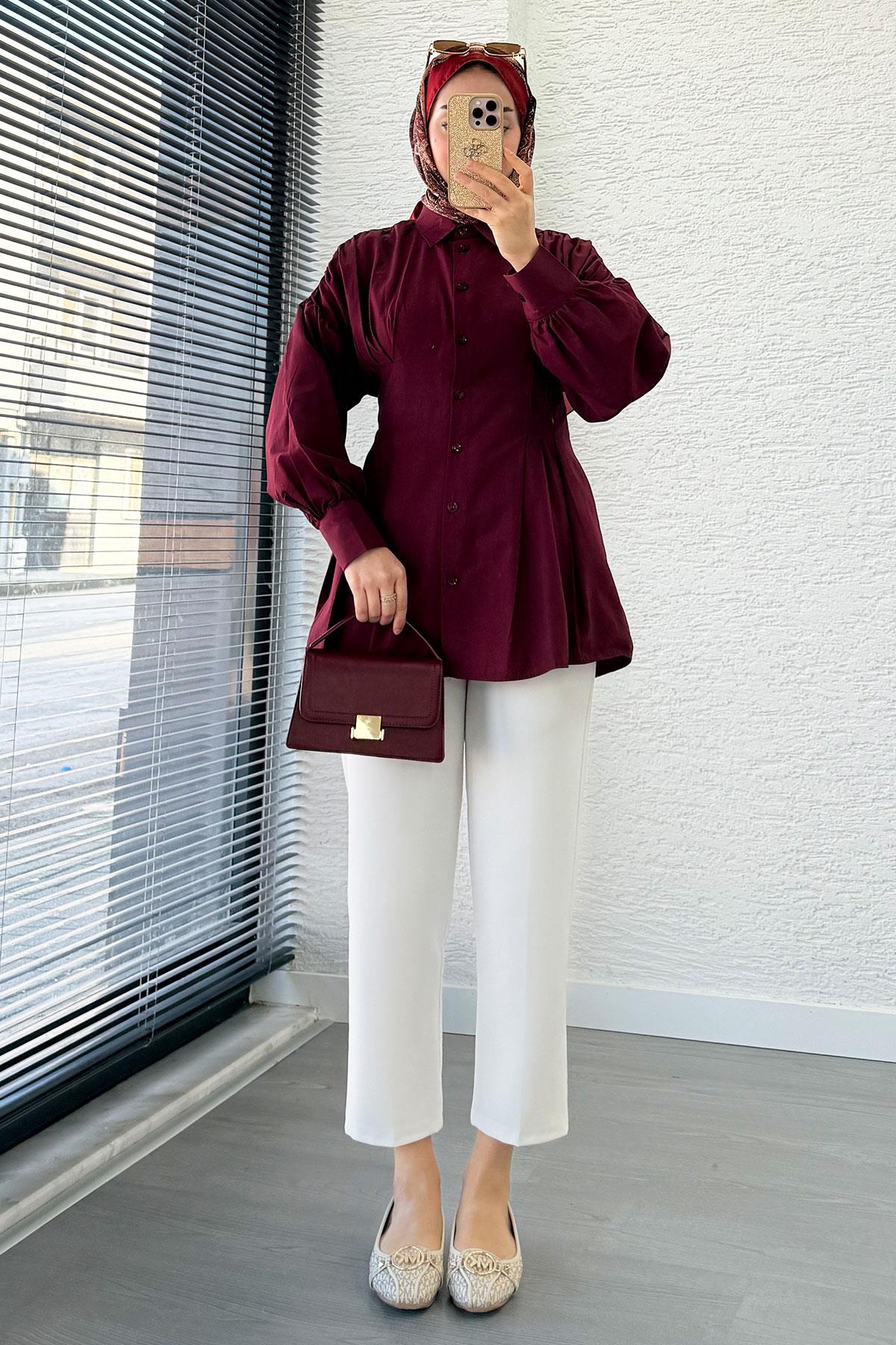 Premium Önü ve Arkası Pens Detaylı Poplin Gömlek Tunik — Bordo