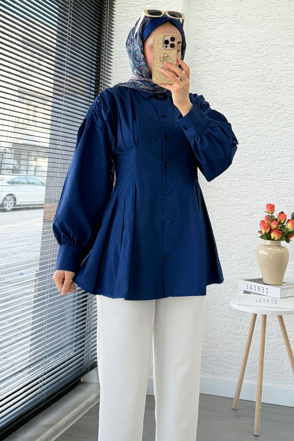Premium Önü ve Arkası Pens Detaylı Poplin Gömlek Tunik — Lacivert