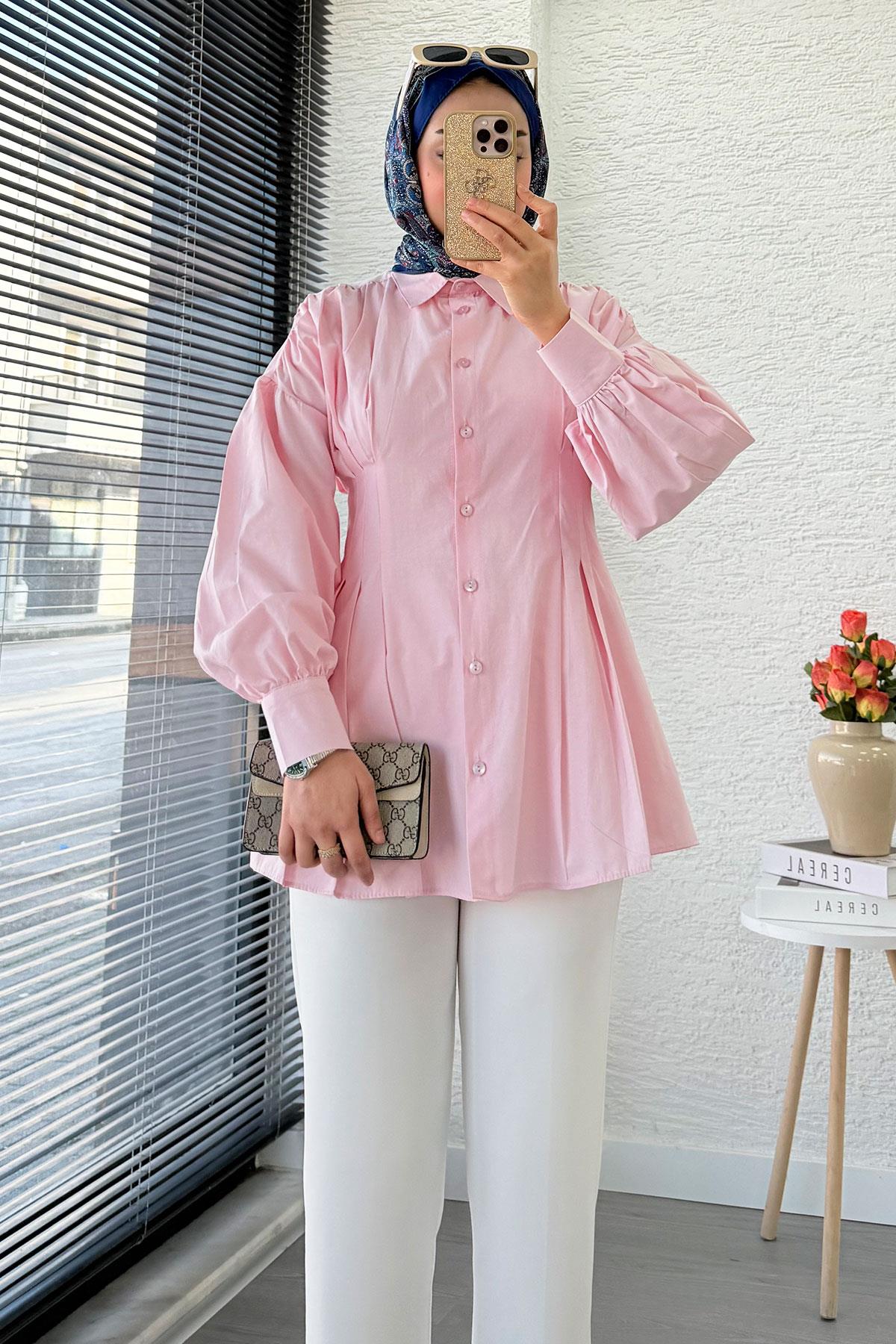 Premium Önü ve Arkası Pens Detaylı Poplin Gömlek Tunik — Pembe