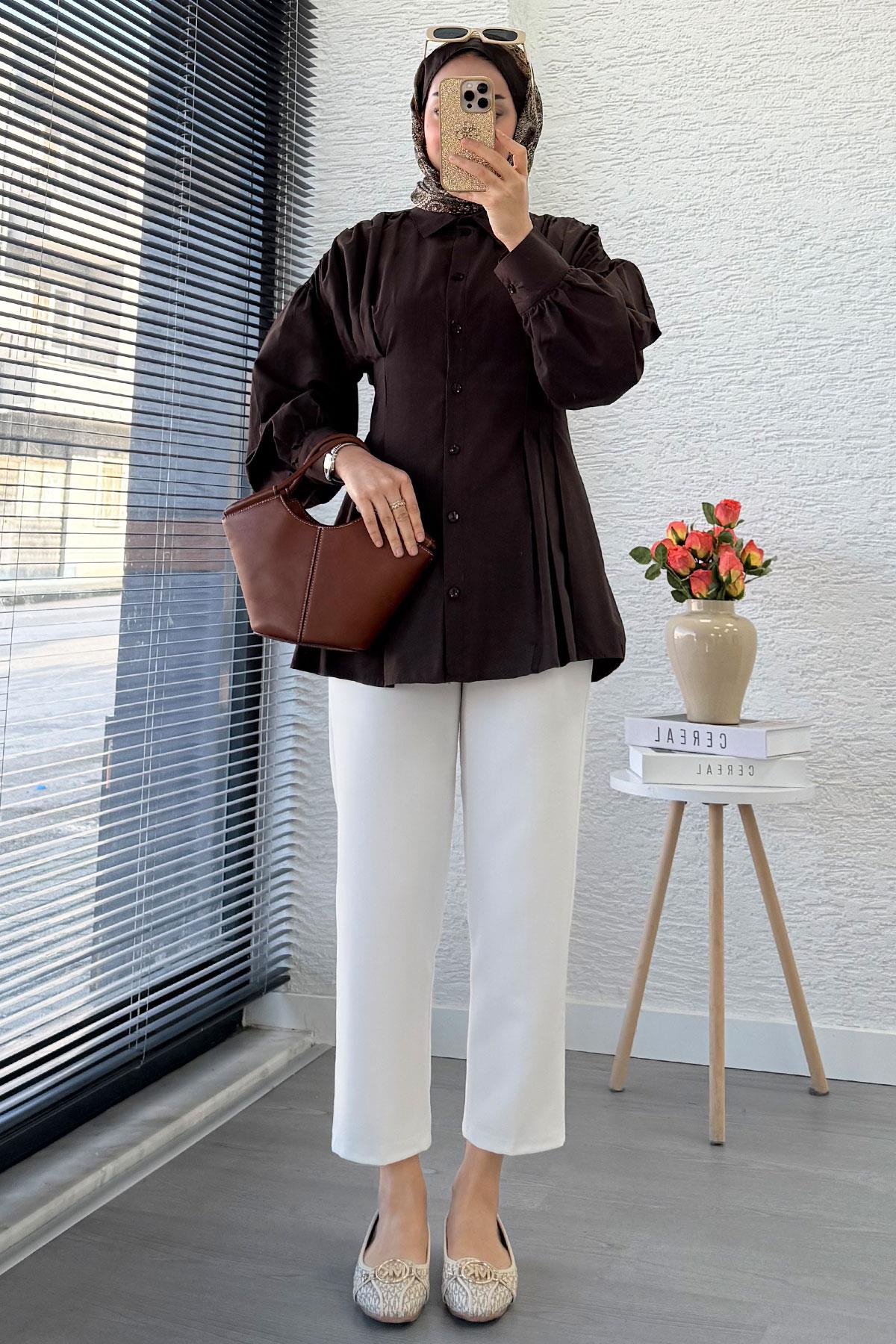 Premium Önü ve Arkası Pens Detaylı Poplin Gömlek Tunik — Kahverengi
