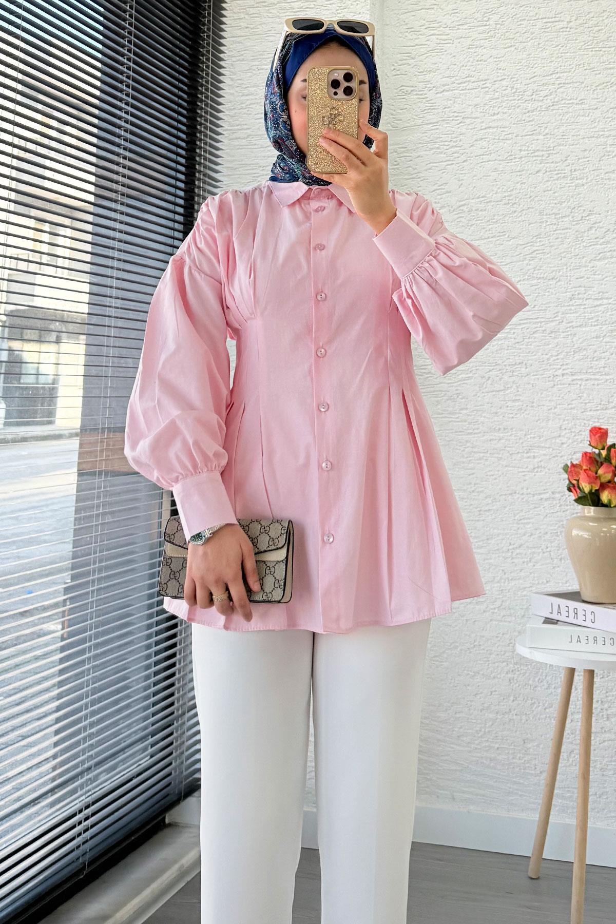 Premium Önü ve Arkası Pens Detaylı Poplin Gömlek Tunik — Pembe