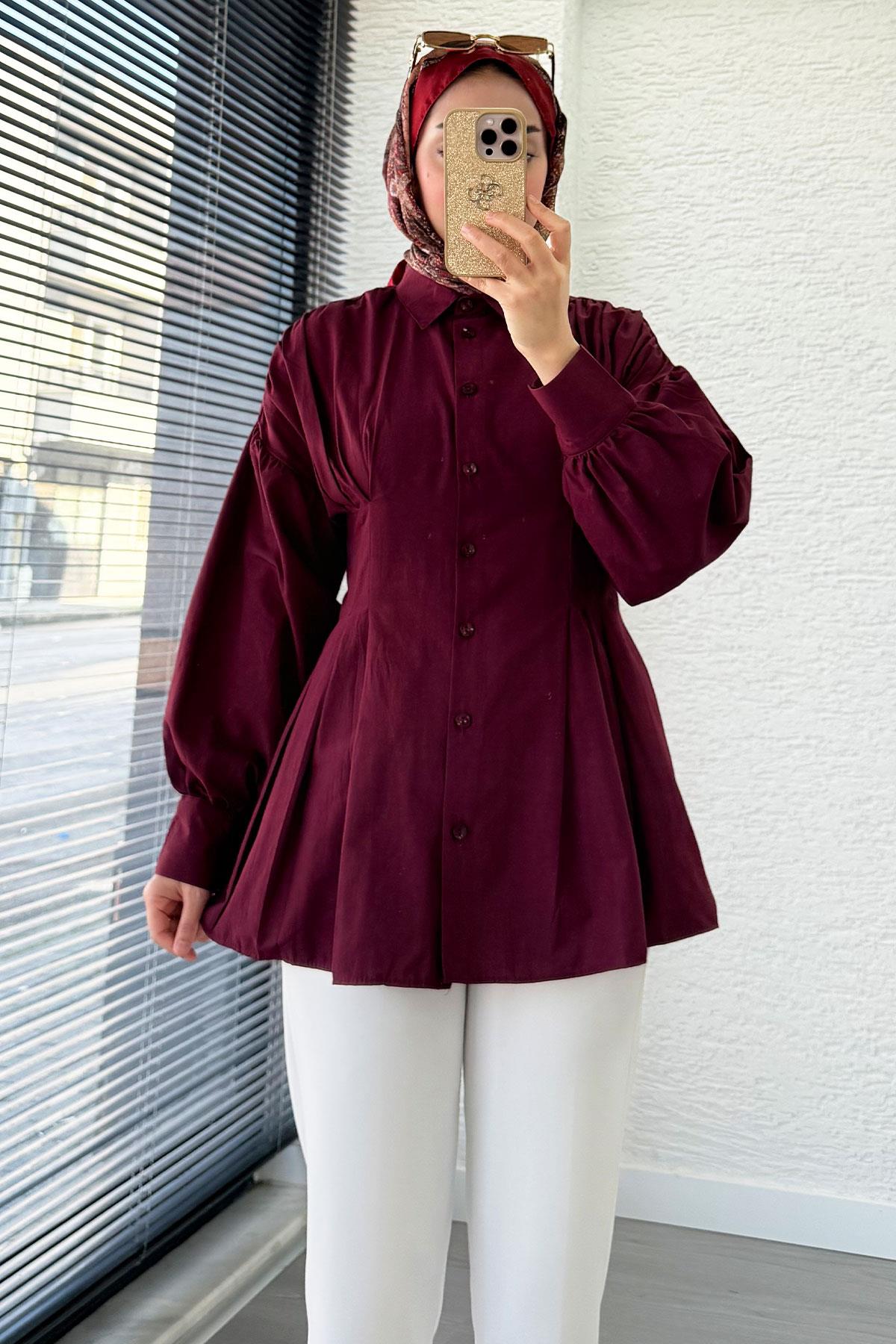 Premium Önü ve Arkası Pens Detaylı Poplin Gömlek Tunik — Bordo
