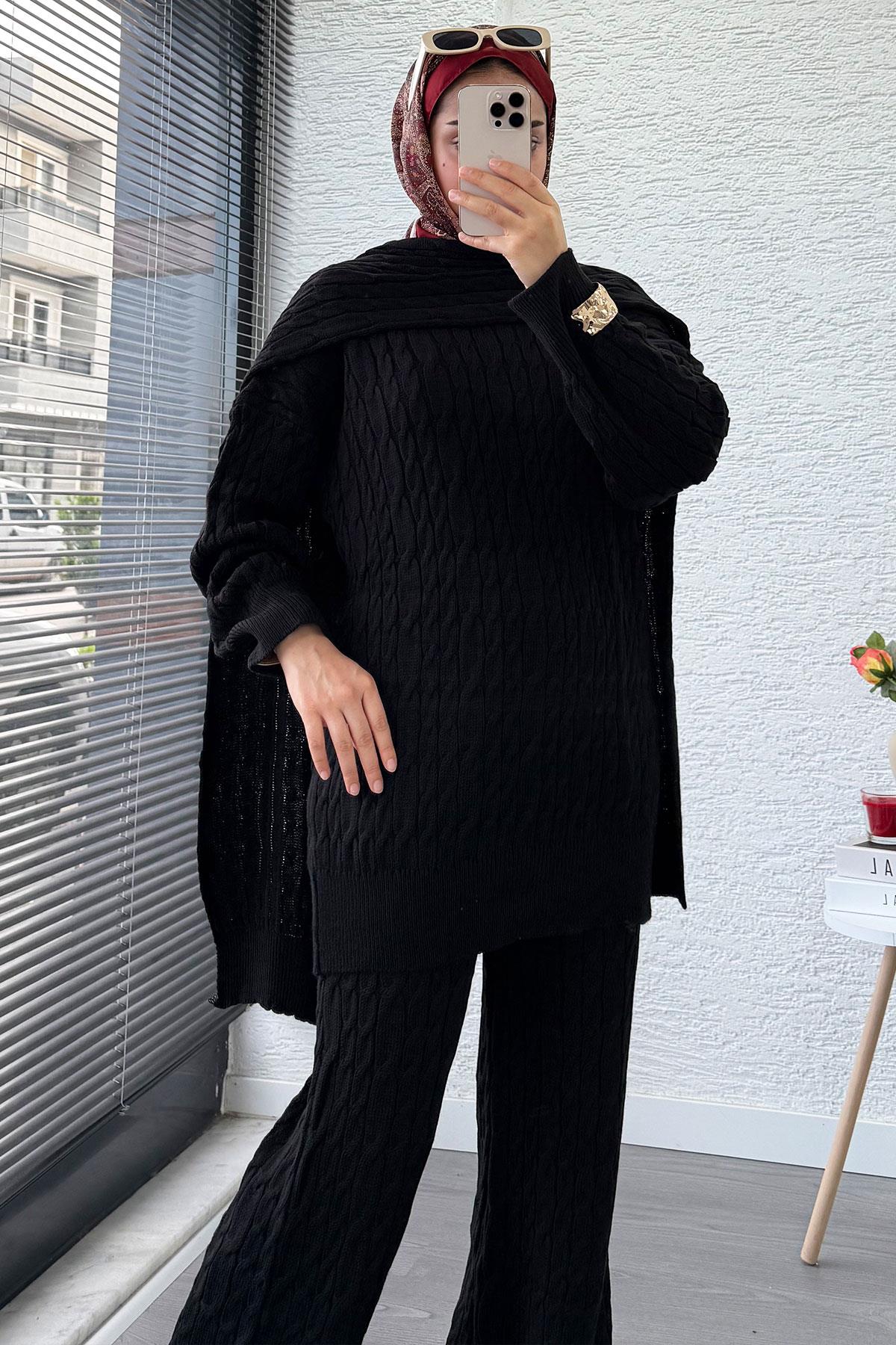 Premium Örgü Desen Atkı Detaylı Kadın Triko Takım – Siyah