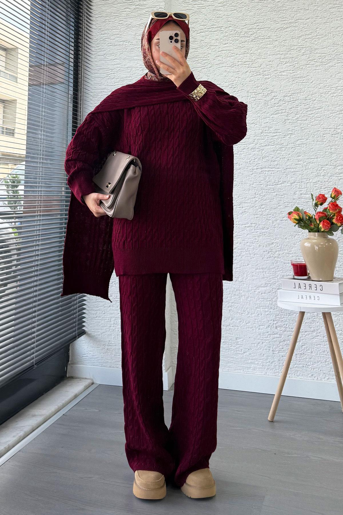 Premium Örgü Desen Atkı Detaylı Kadın Triko Takım – Bordo